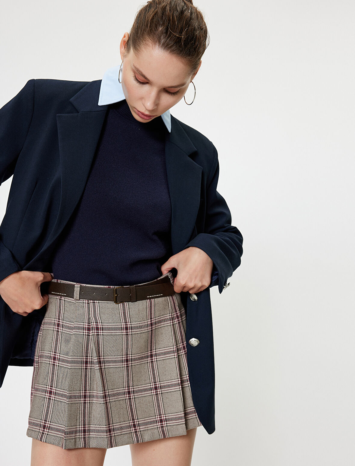 Pileli Şort Etek Mini Ekoseli Kemerli Slim Fit