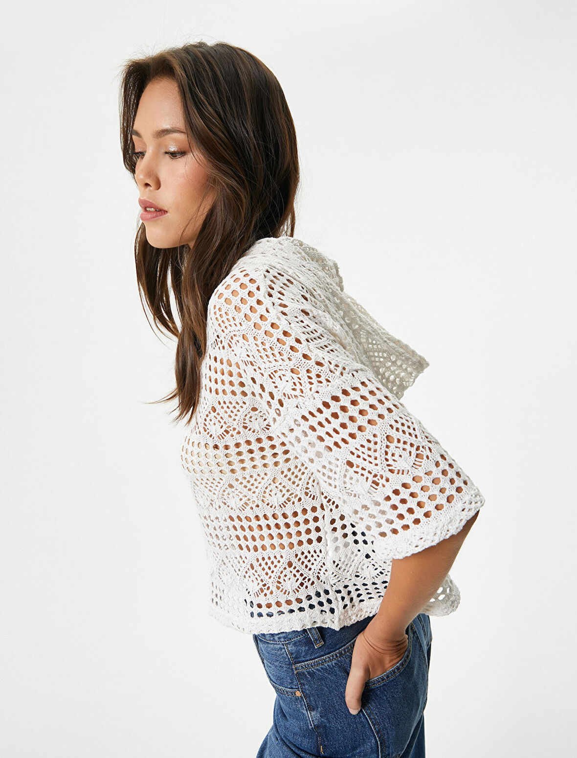 Crop Ajurlu Sweatshirt Kapüşonlu Kısa Kollu