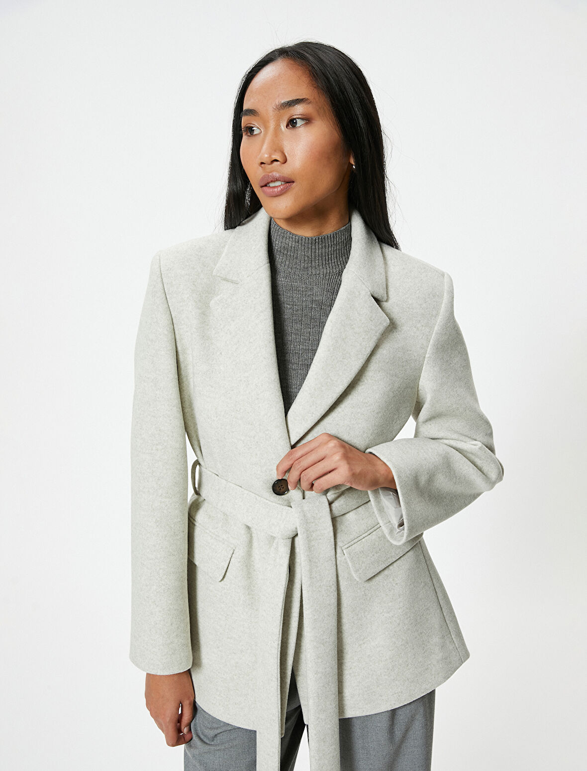 Kruvaze Kuşak Detaylı Kaşe Blazer Ceket