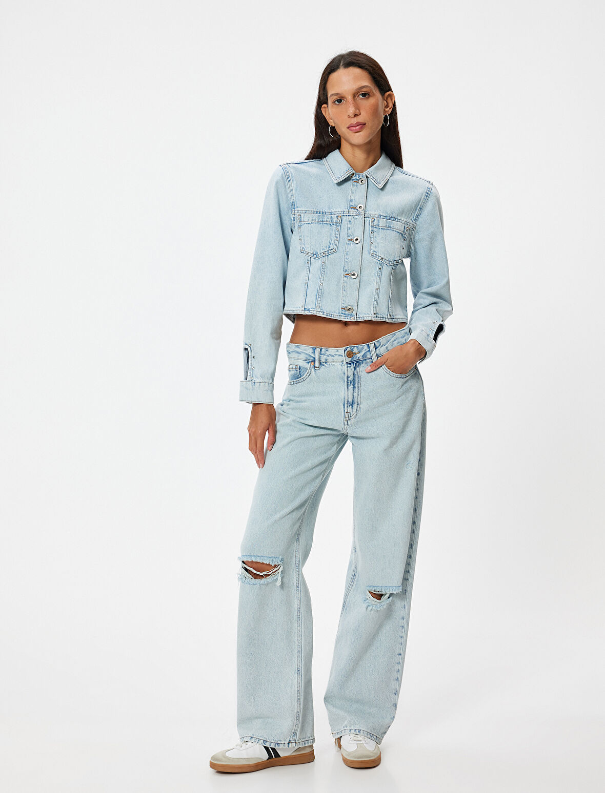 Crop Kot Ceket Cep Detaylı Düğmeli Rahat Kesim Gömlek Yaka