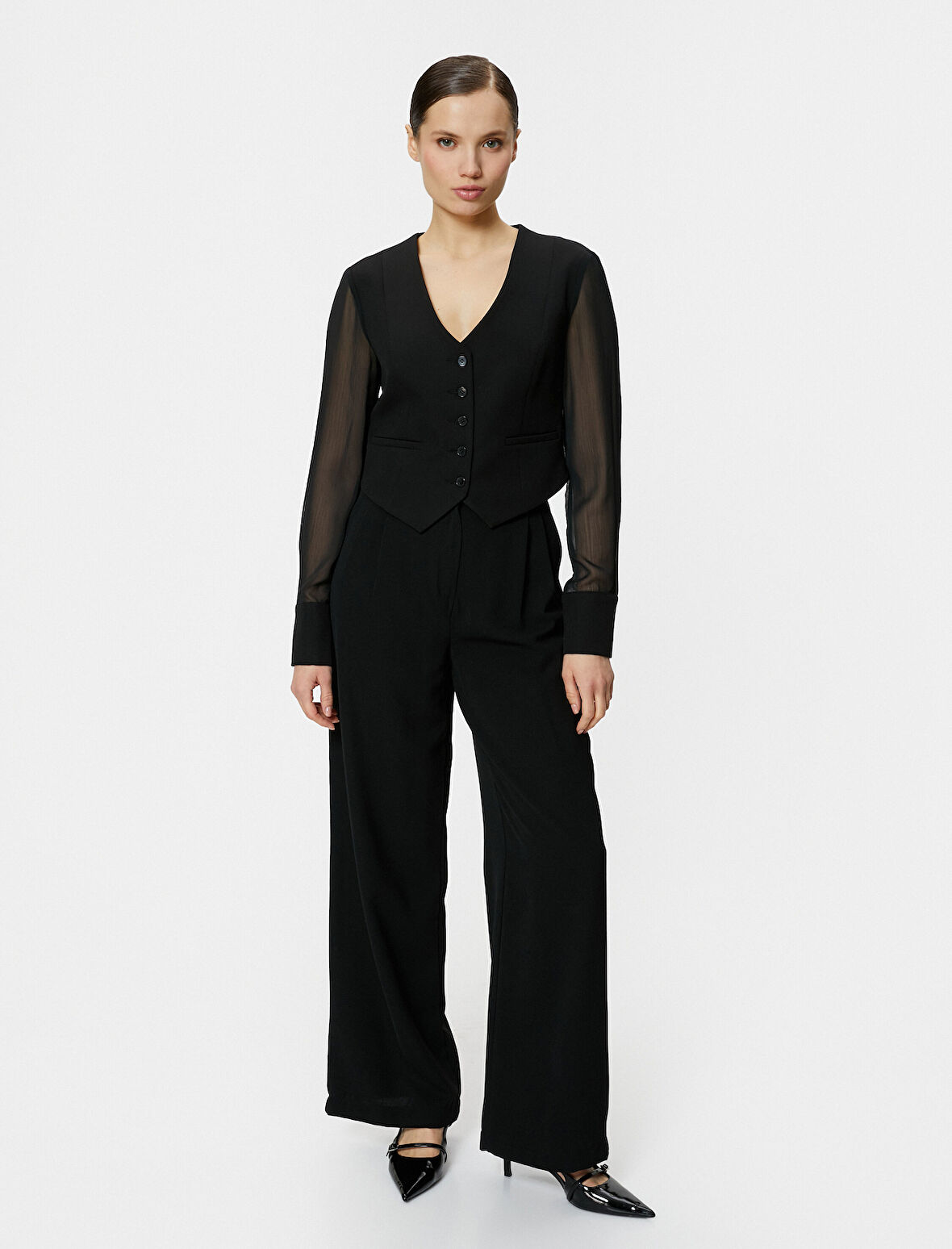 Blazer Yelek Şifon Kollu Düğmeli Fleto Cepli V Yaka