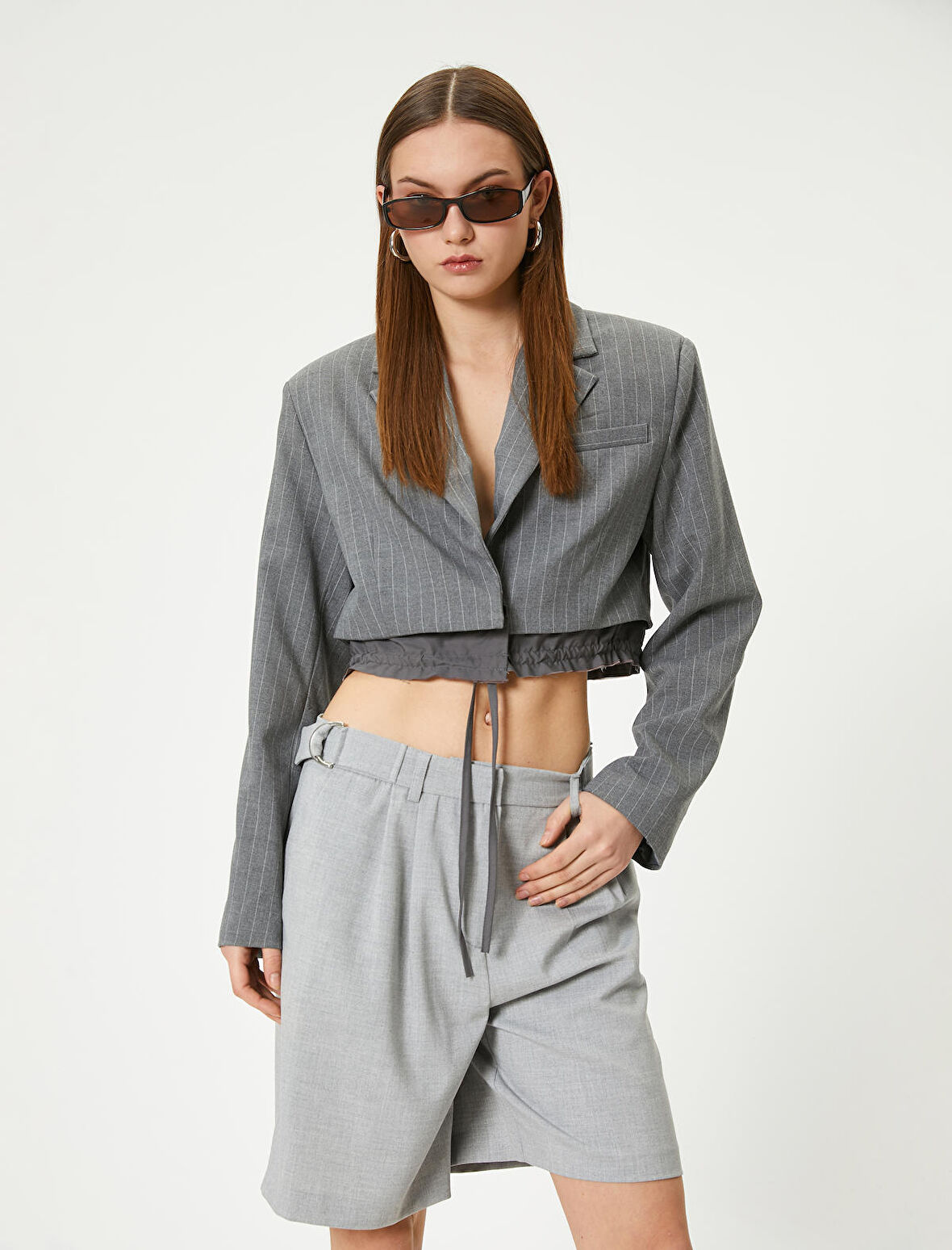 Crop Blazer Ceket Bel Detaylı Bağlamalı Kruvaze Ters Yaka 