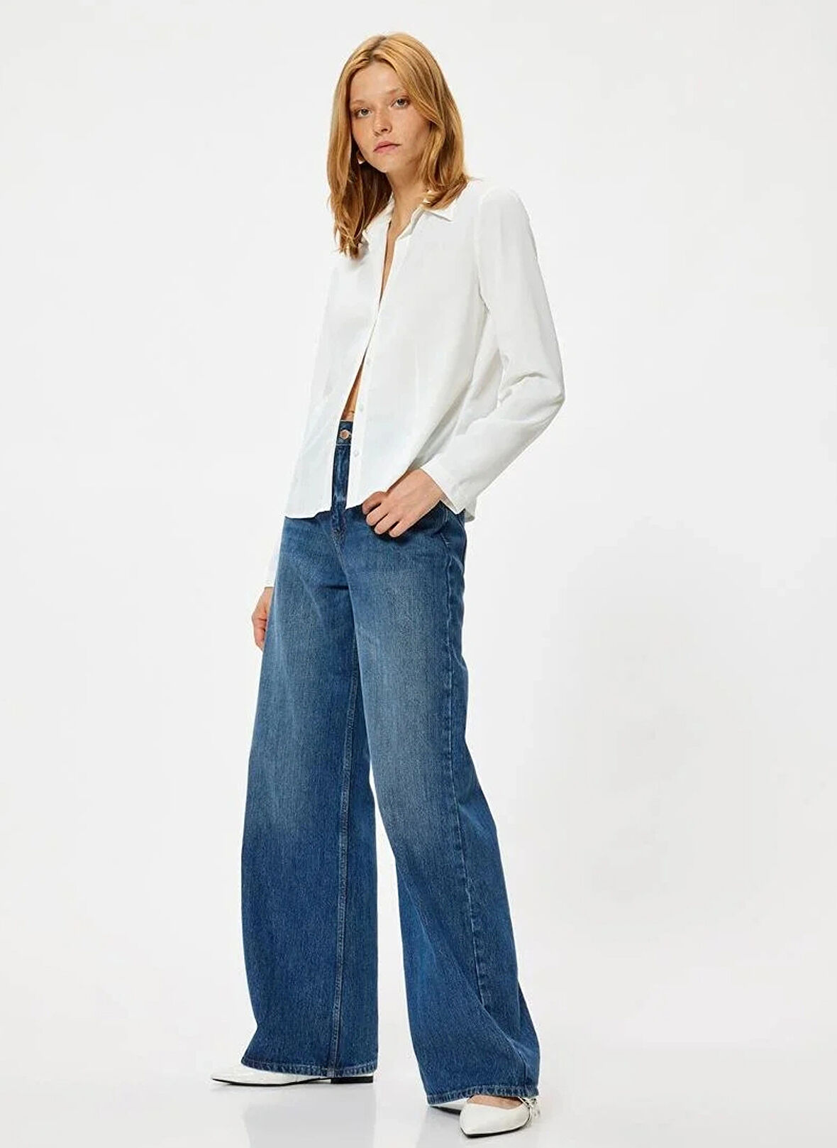 Koton Slim Fit Kaçık Yaka Beyaz Kadın Gömlek 5WAK60006PW