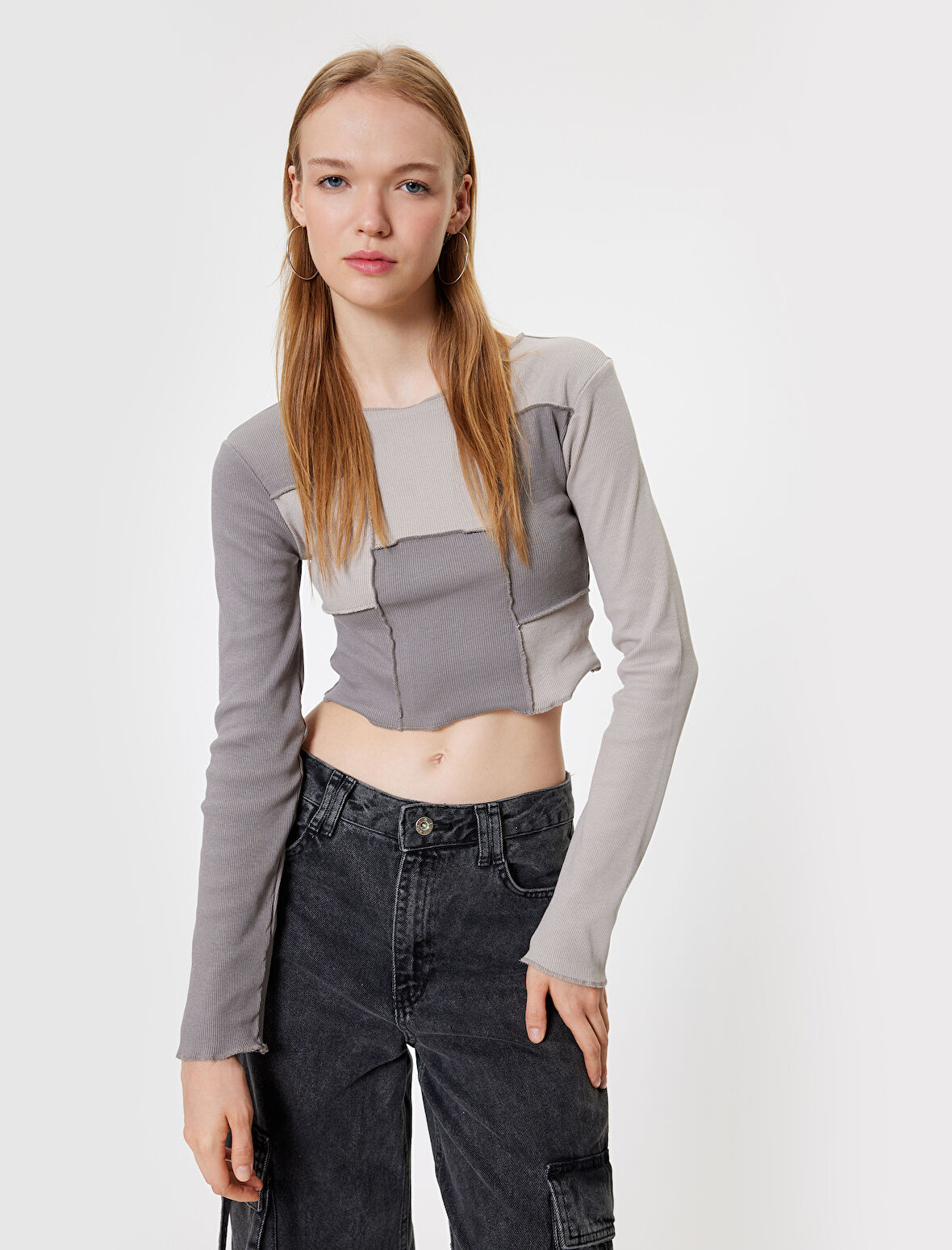 Crop Tişört Uzun Kollu Kaşkorse Renk Bloklu Nervürlü Slim Fit