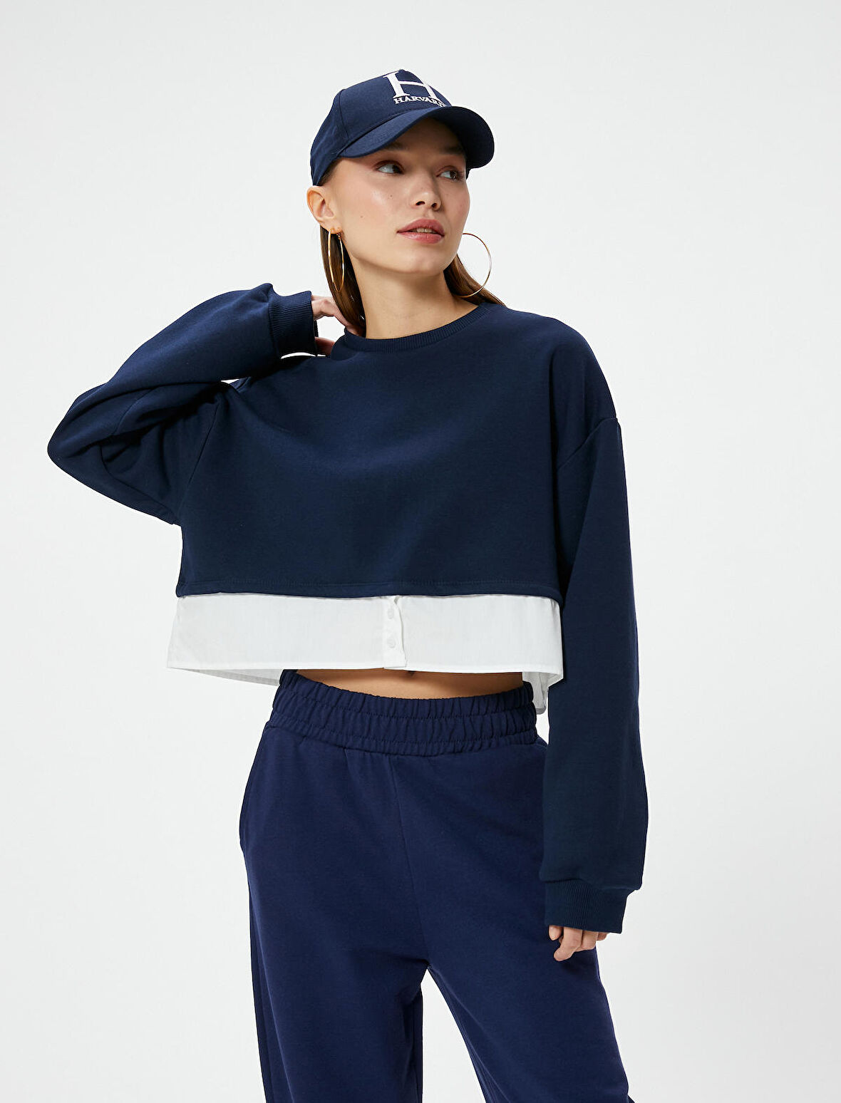 Crop Sweatshirt Çift Kumaş Detaylı Renk Kontrastlı Bisiklet Yaka