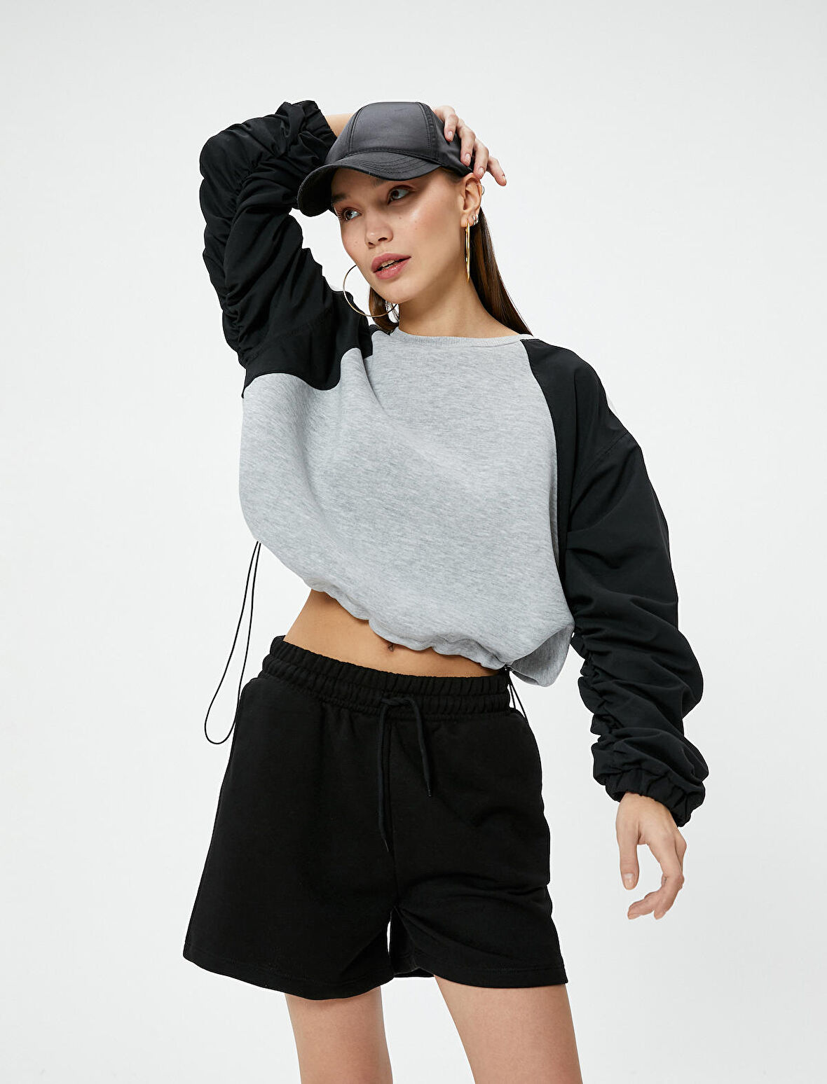 Crop Sweatshirt Renk Bloklu Beli Ayarlanabilir Lastikli Bisiklet Yaka