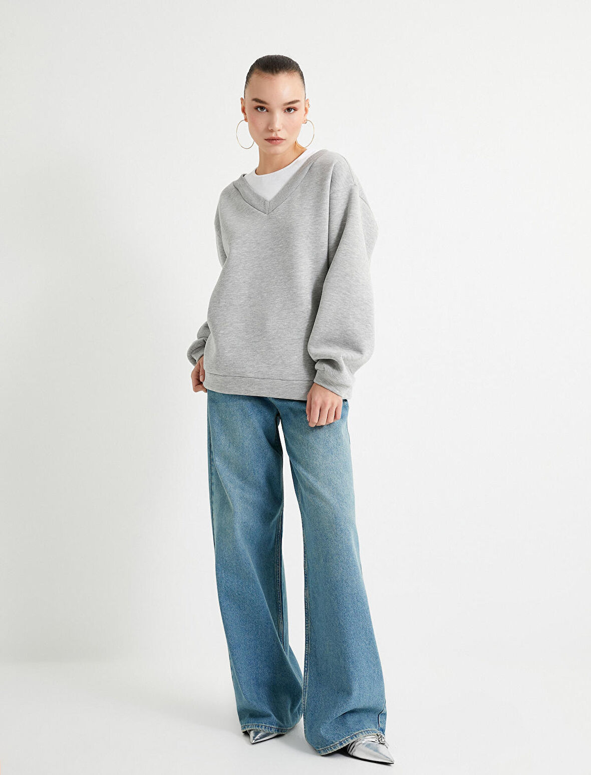 Çift Yaka Basic Sweatshirt Renk Kontrastlı Rahat Kalıp