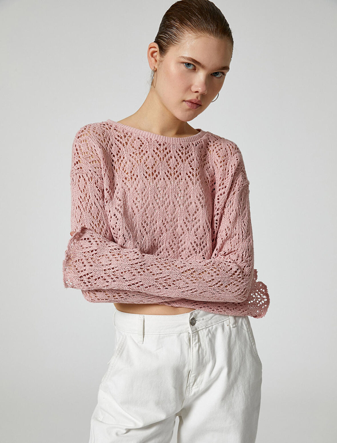 Crop Ajurlu Tişört Geniş Uzun Kollu Bisiklet Yaka Rahat Kalıp