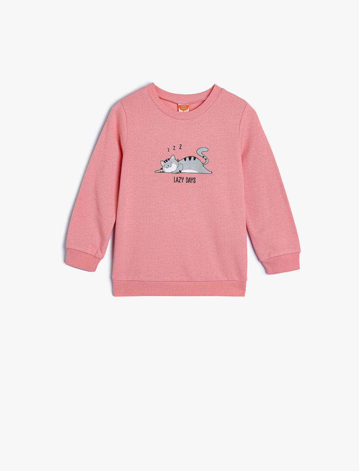 Sweatshirt Kedi Baskılı Bisiklet Yaka Pamuklu Şardonlu