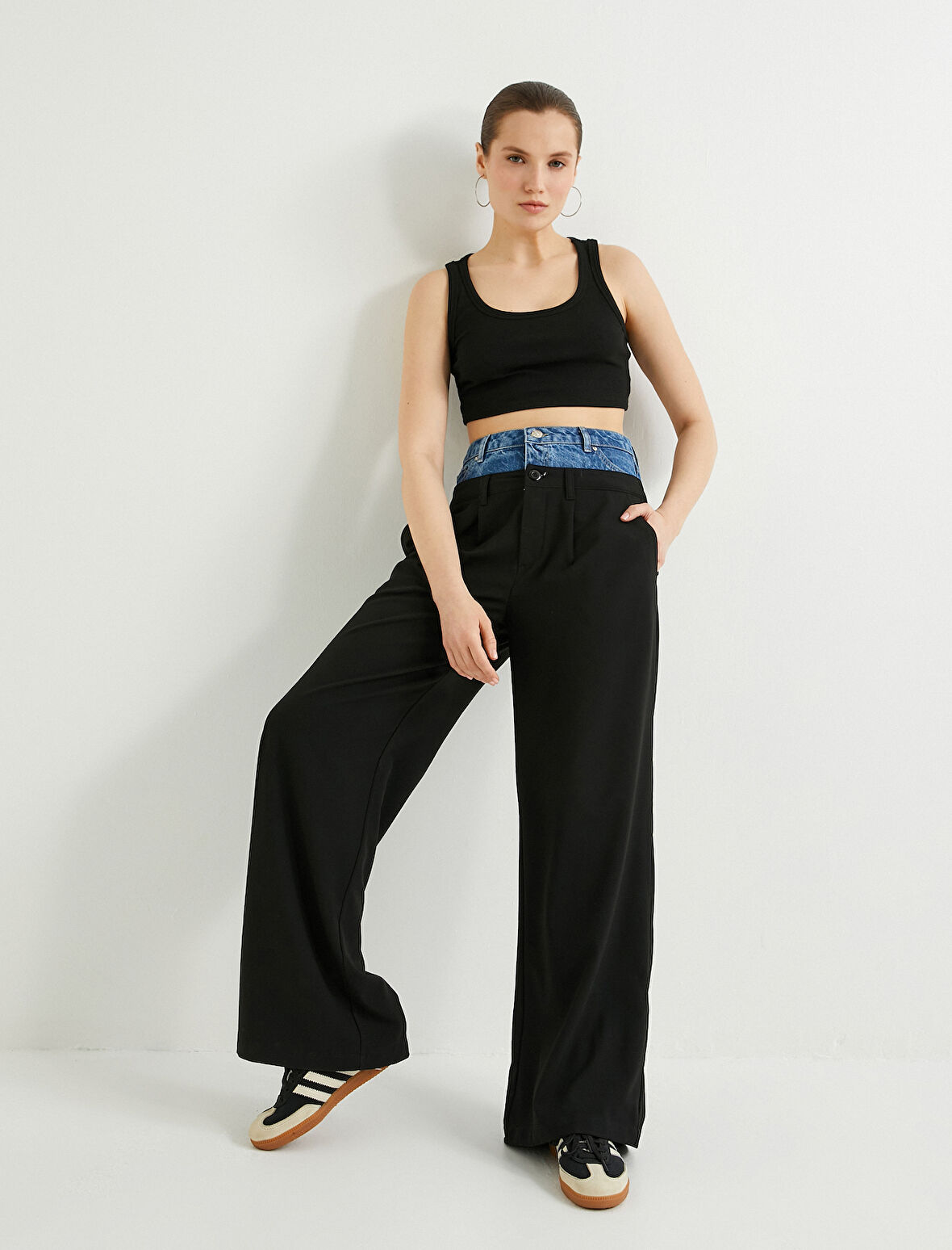 Kontrast Çift Bel Baggy Kumaş Pantolon Düz Paça Cepli