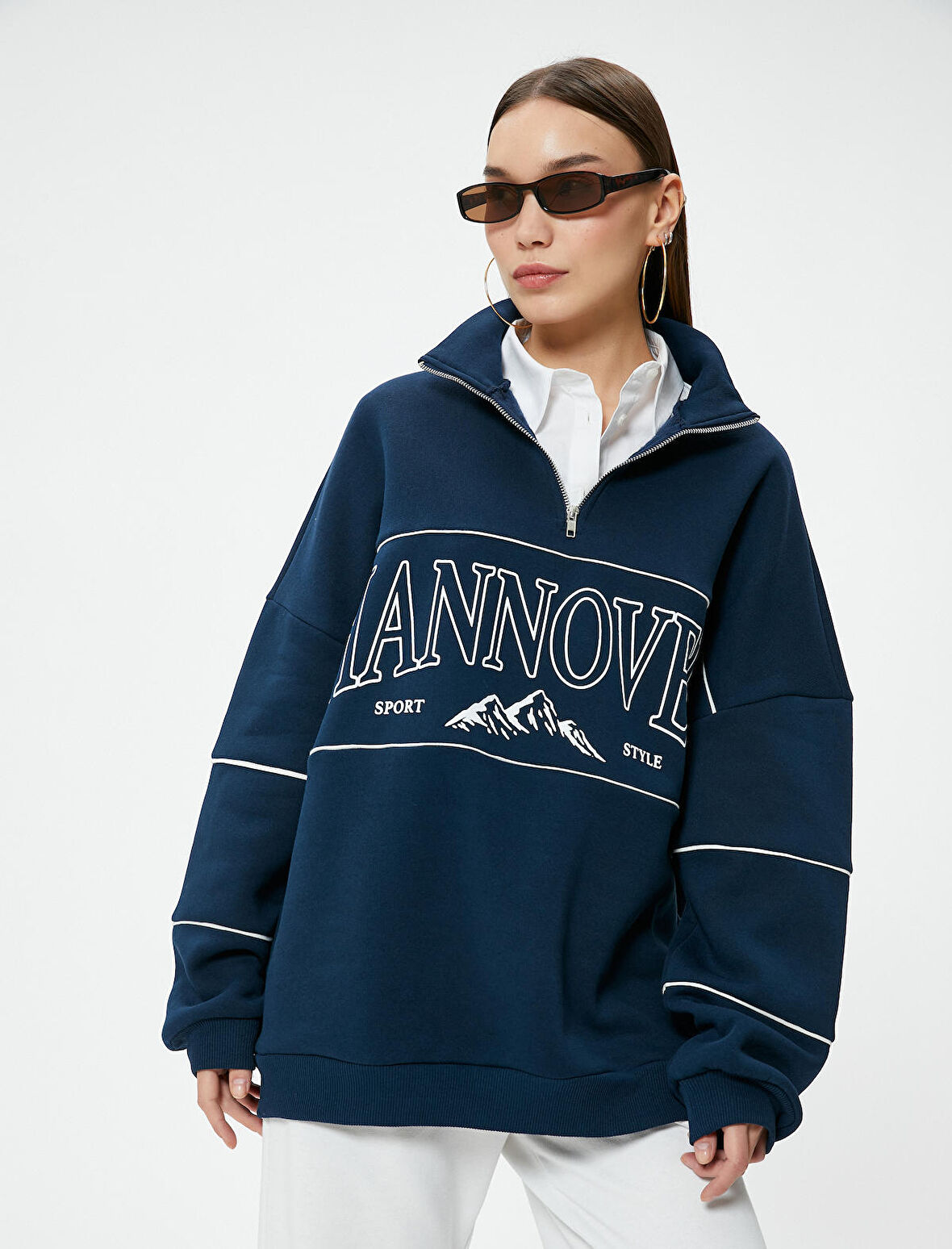 Yarım Fermuarlı Sweatshirt Rahat Kalıp Baskılı Dik Yaka