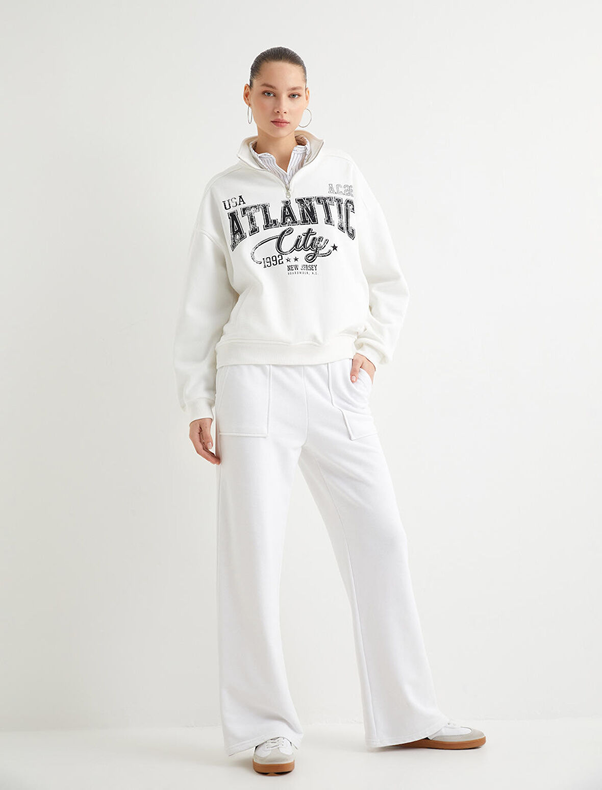 Yarım Fermuarlı Sweatshirt Kolej Temalı Baskılı Rahat Kalıp