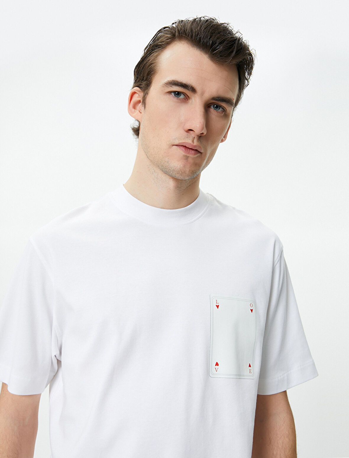 Oversize Tişört Kalp Baskılı Bisiklet Yaka Kısa Kollu