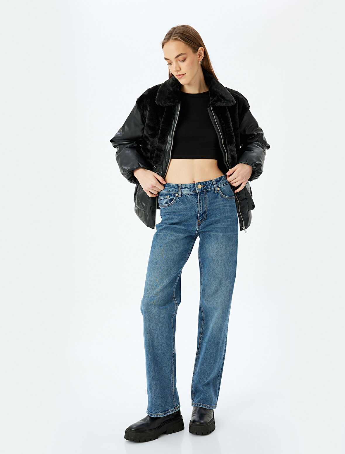 Şişme Mont Deri Görünümlü Klasik Yaka Fermuarlı Peluş Detaylı Kapaklı Cepli Rahat Kalıp