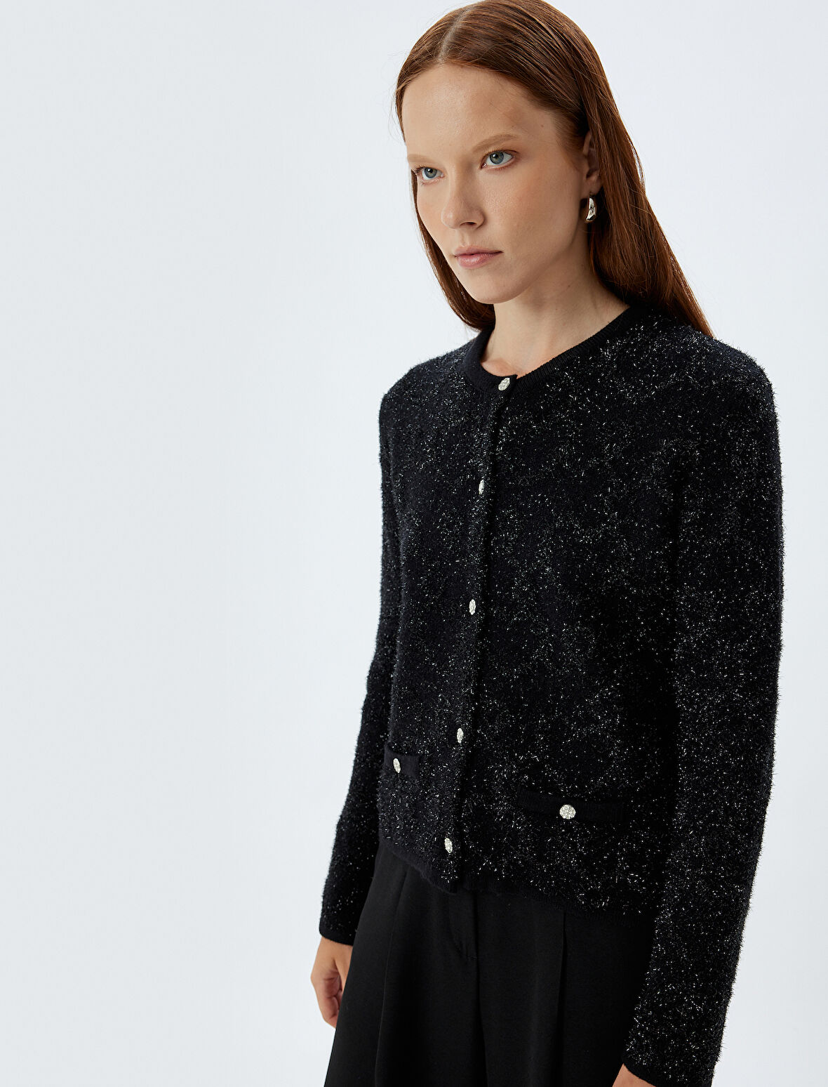 Uzun Kollu Yuvarlak Yaka Düğmeli Cepli Peluş Hırka