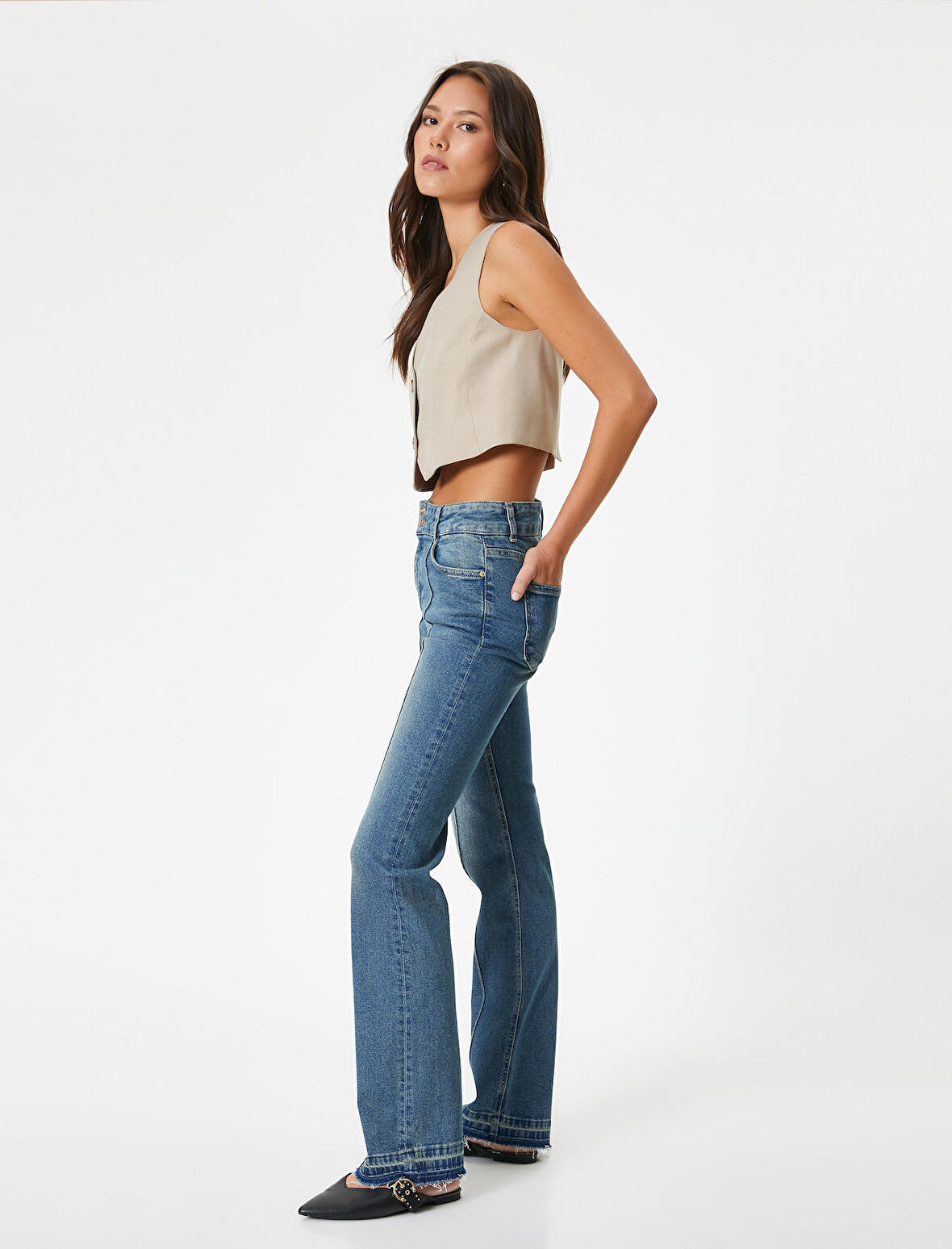Nervürlü İspanyol Paça Kot Pantolon Dar Kesim Cepli - Victoria Slim Flare Jeans
