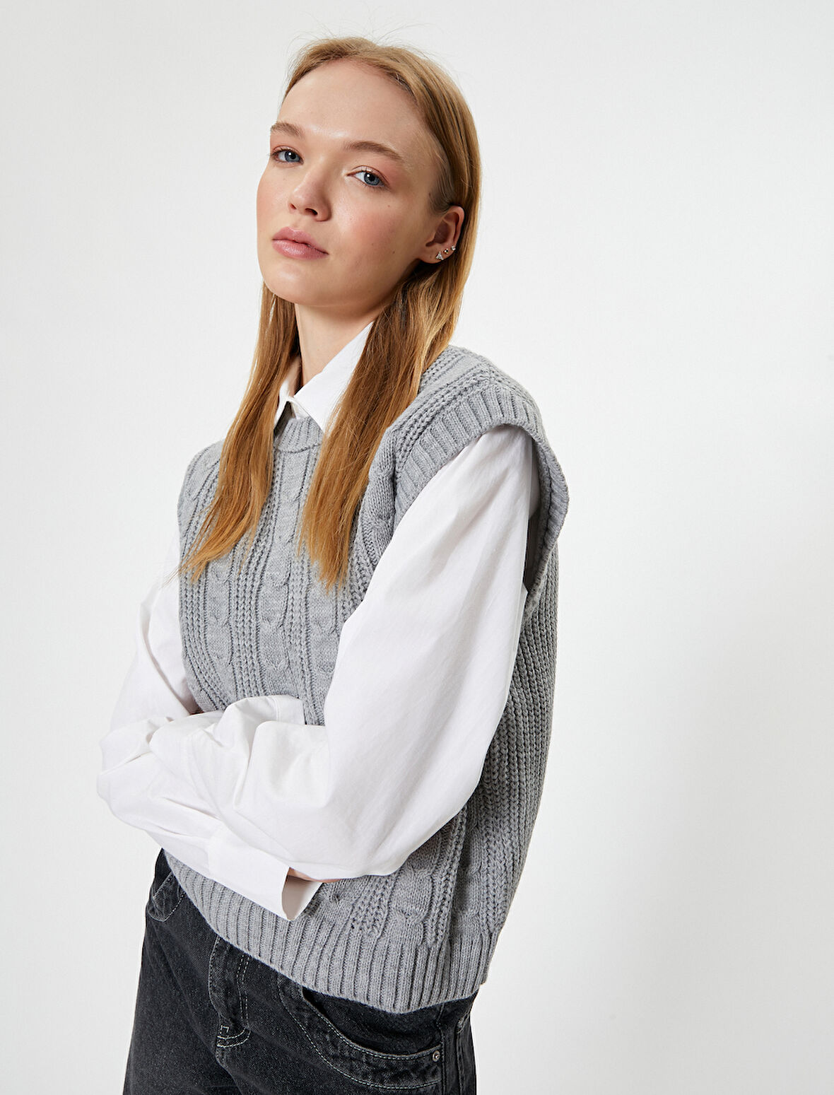 Triko Örgü Dokulu Kolsuz Süveter Bisiklet Yaka