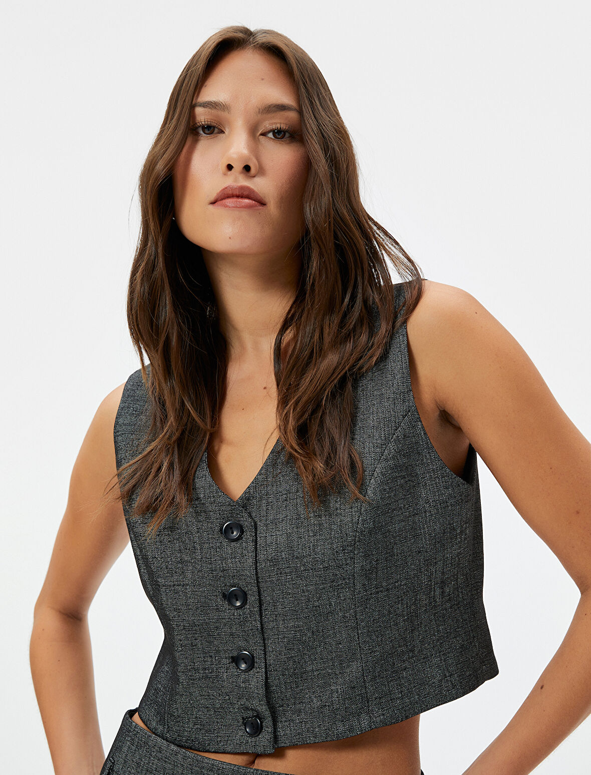 Crop Yelek Kruvaze Düğmeli V Yaka