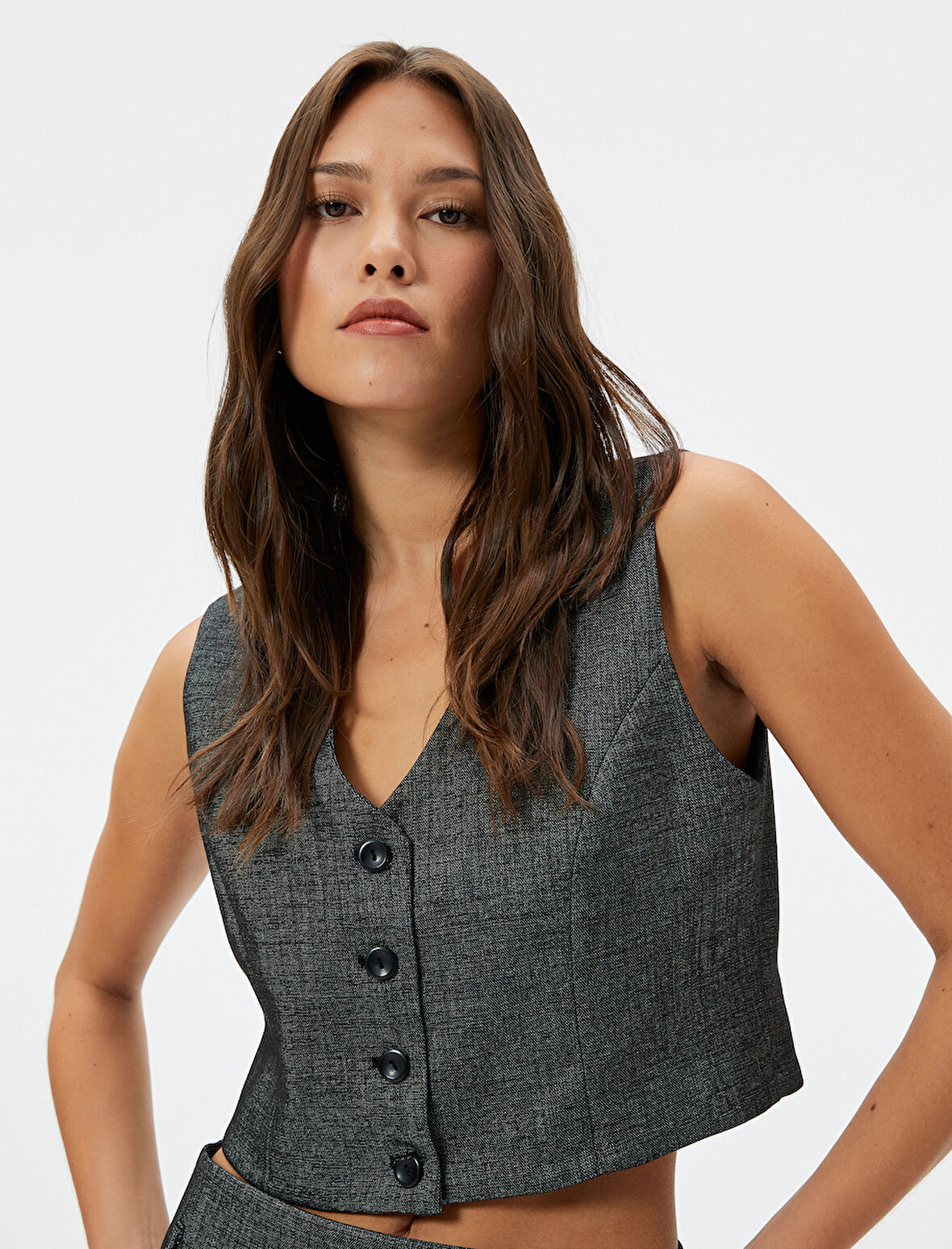 Crop Yelek Kruvaze Düğmeli V Yaka