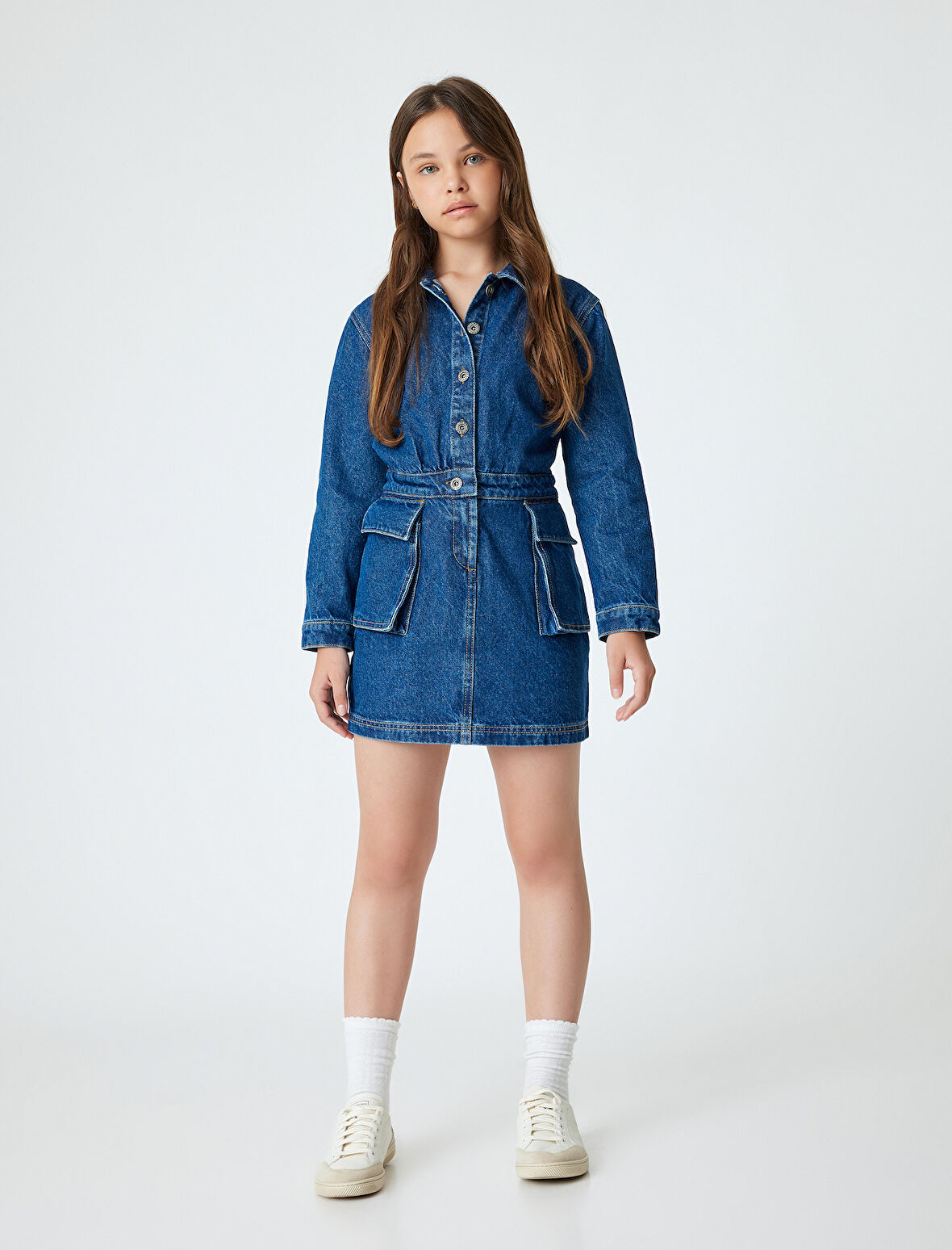 Kot Elbise Polo Yaka Uzun Kollu Kapaklı Cepli Düğme Detaylı 