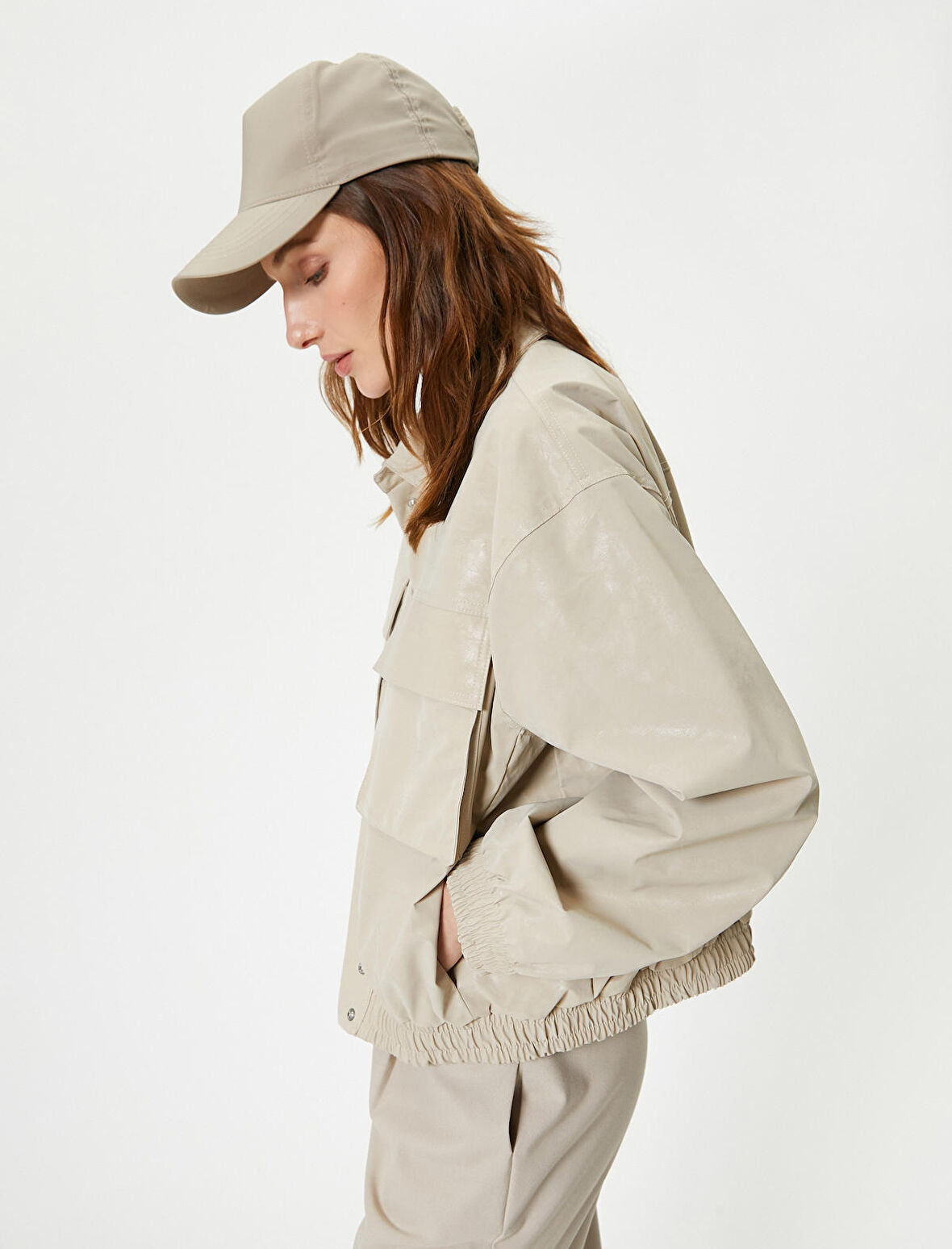 Suni Deri Bomber Ceket Cepli Beli ve Manşetleri Lastikli