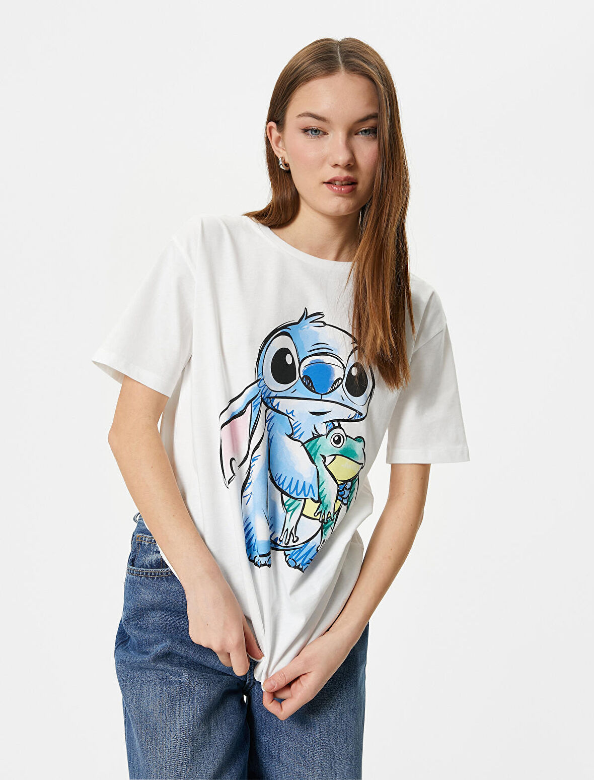 Stitch Tişört Lisanslı Kısa Kollu Bisiklet Yaka Pamuklu Rahat Kalıp 