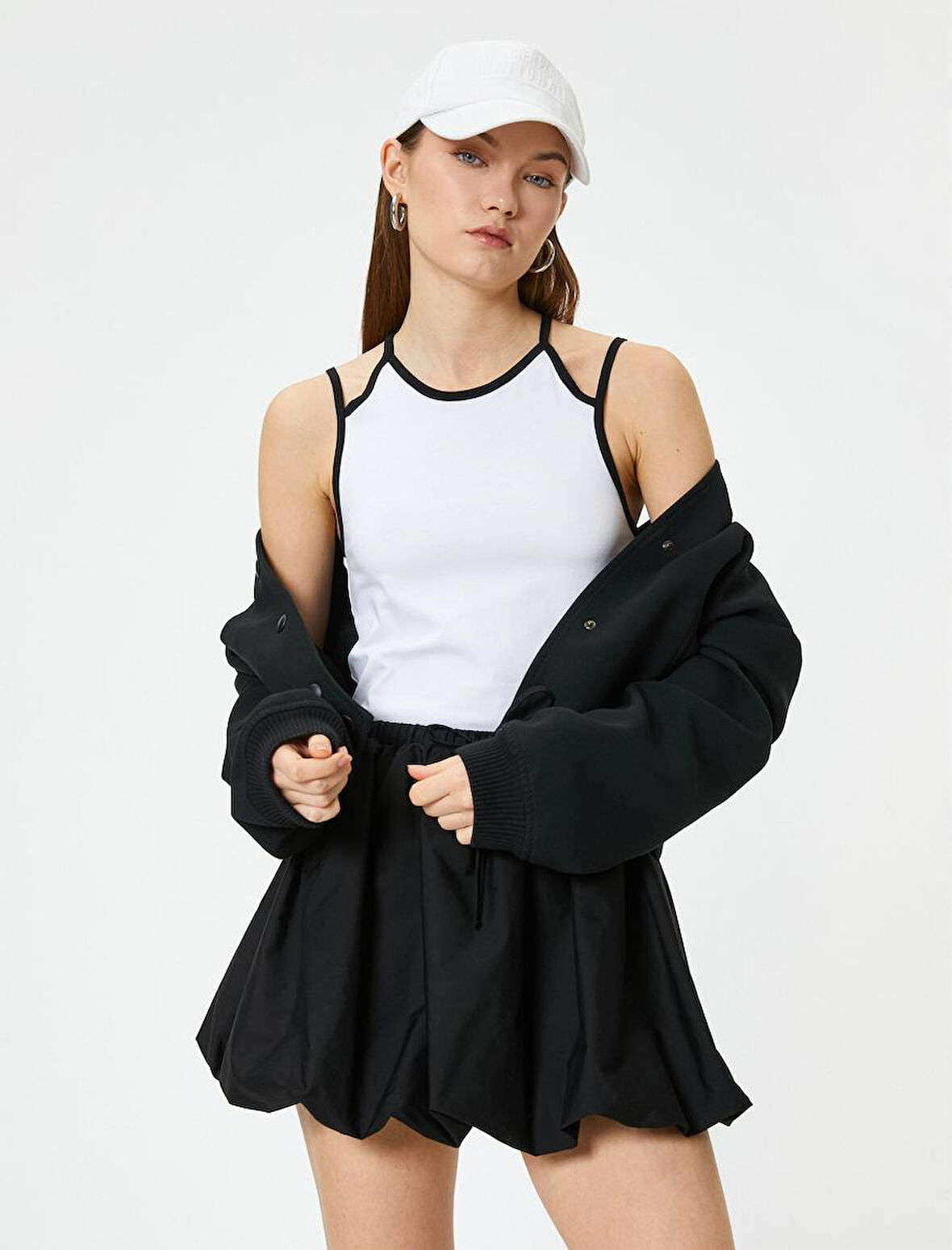 Crop Halter Yaka Üst Askılı Renk Kontrastlı