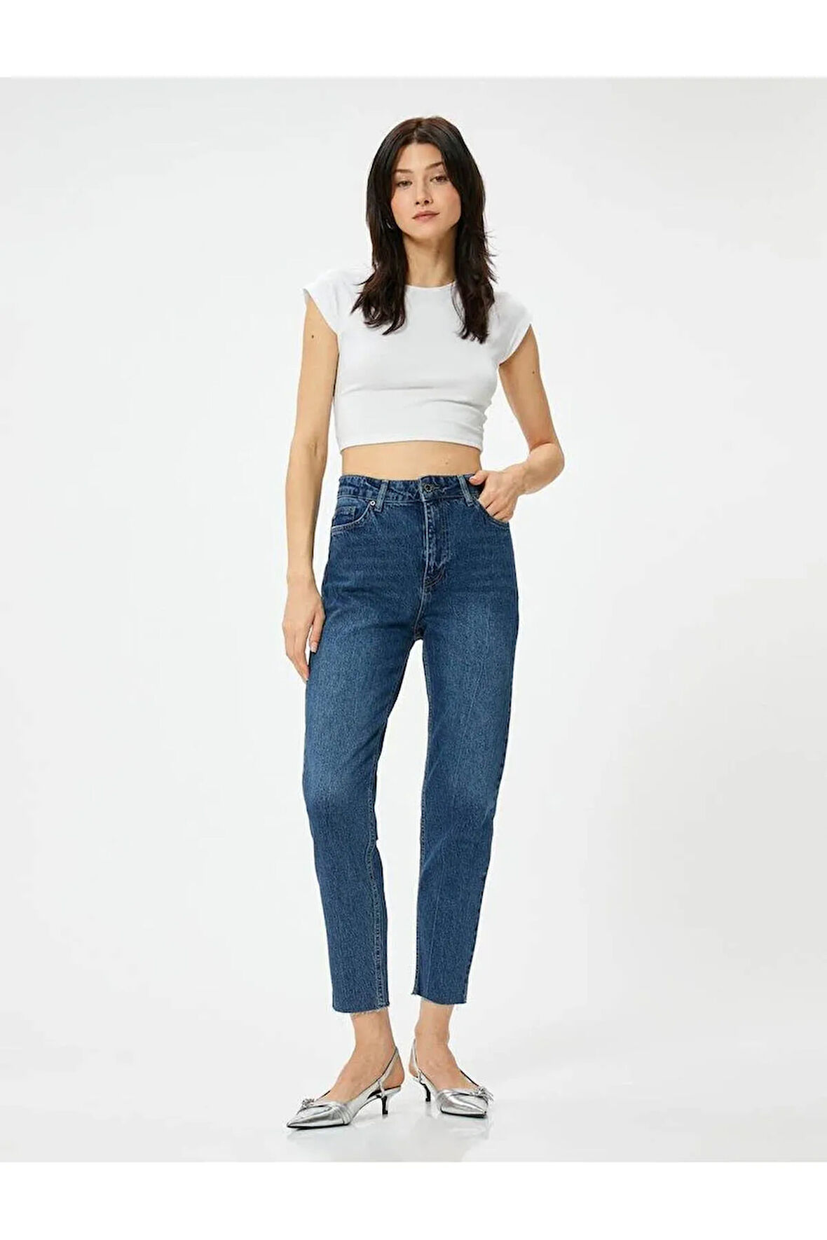 Yüksek Bel Kot Pantolon Rahat Kesim Hafif Dar Paça - Mom Slim Jeans