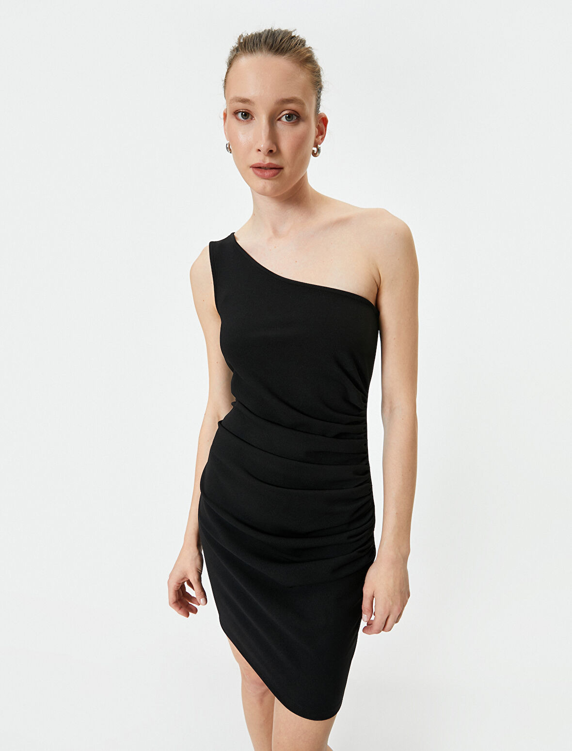 Tek Omuz Elbise Mini Drapeli Slim Fit
