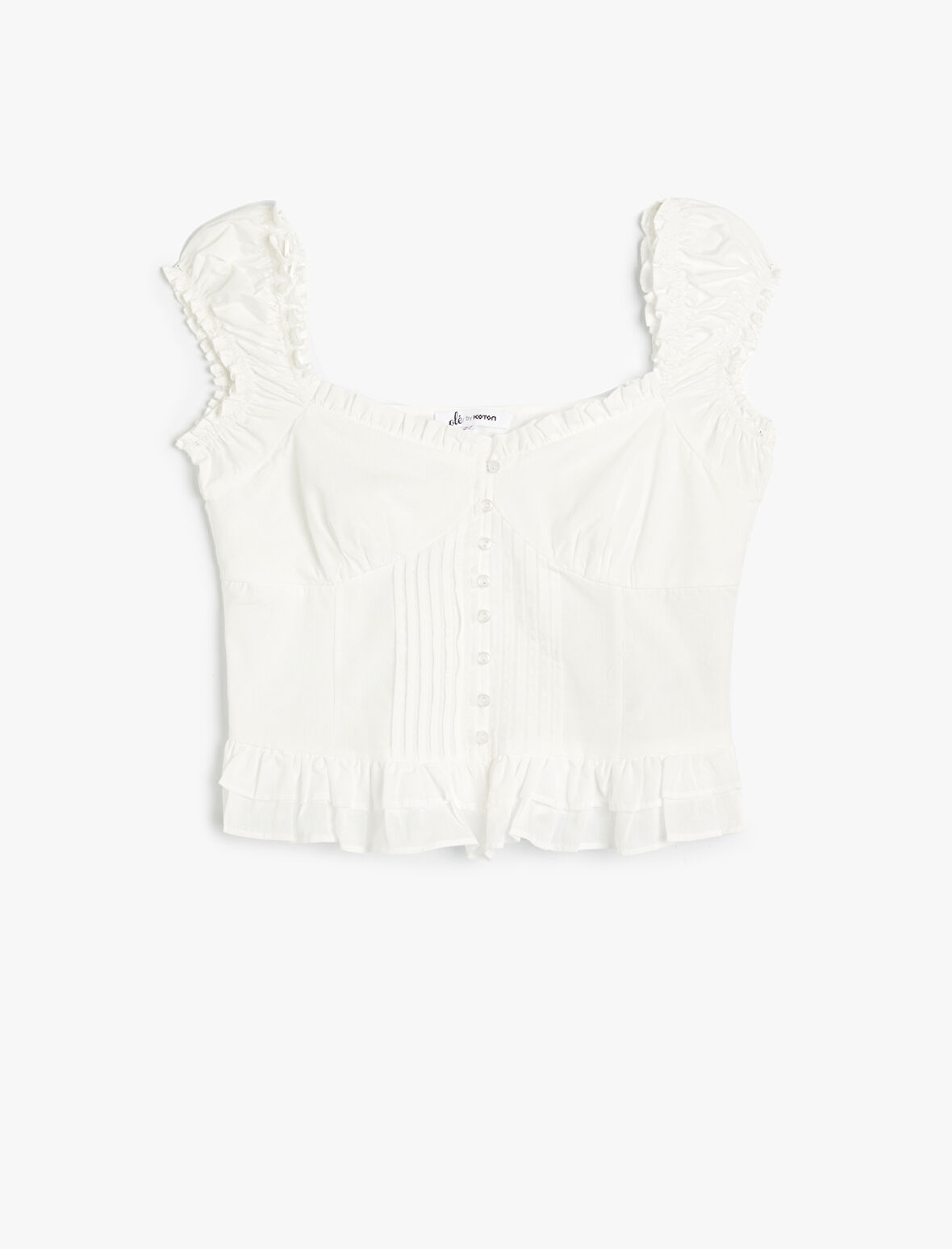 Poplin Bluz Crop Fırfırlı Kalın Askılı Düğmeli Kalp Yaka