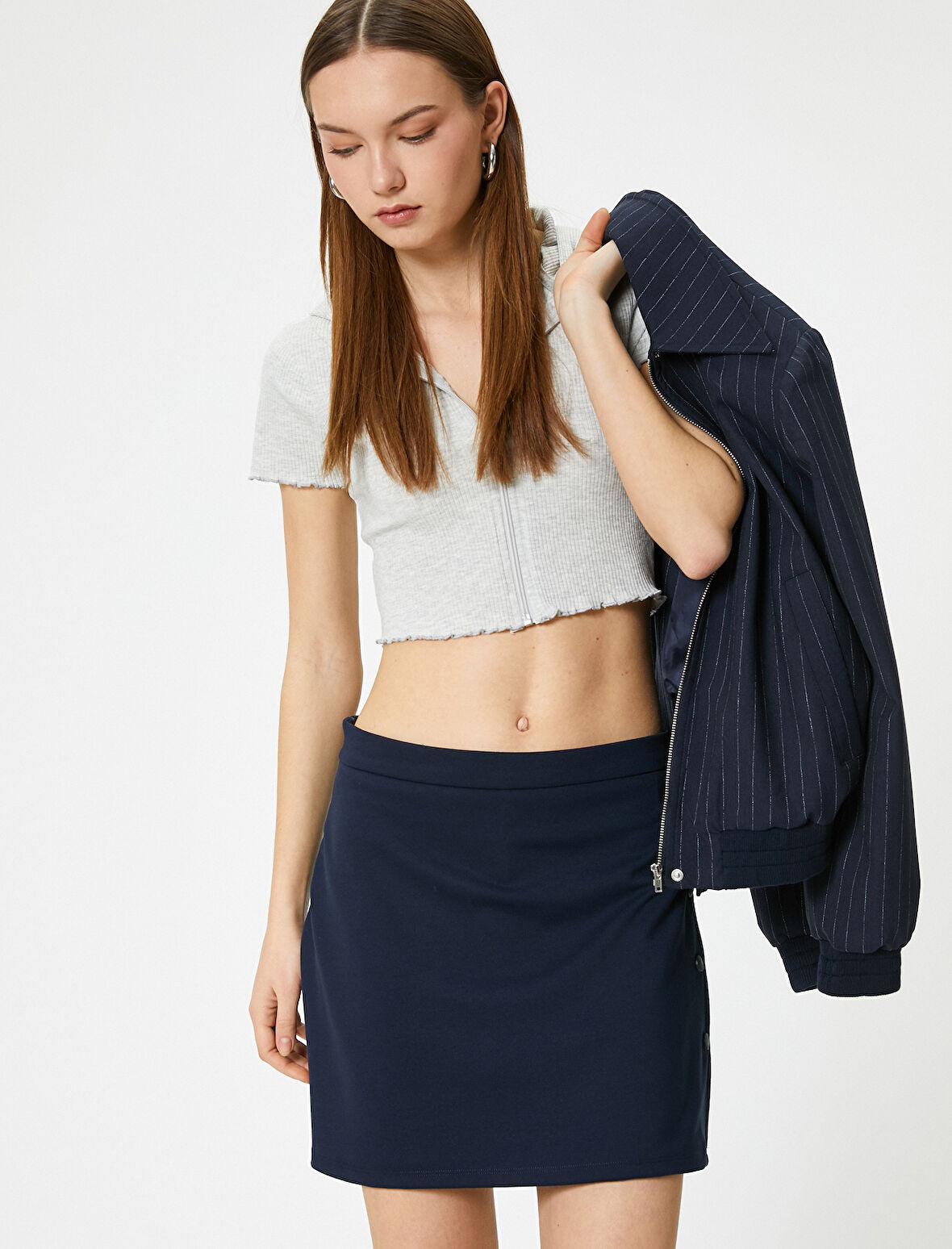 Fermuarlı Crop Tişört Uzun Kollu Slim Fit 