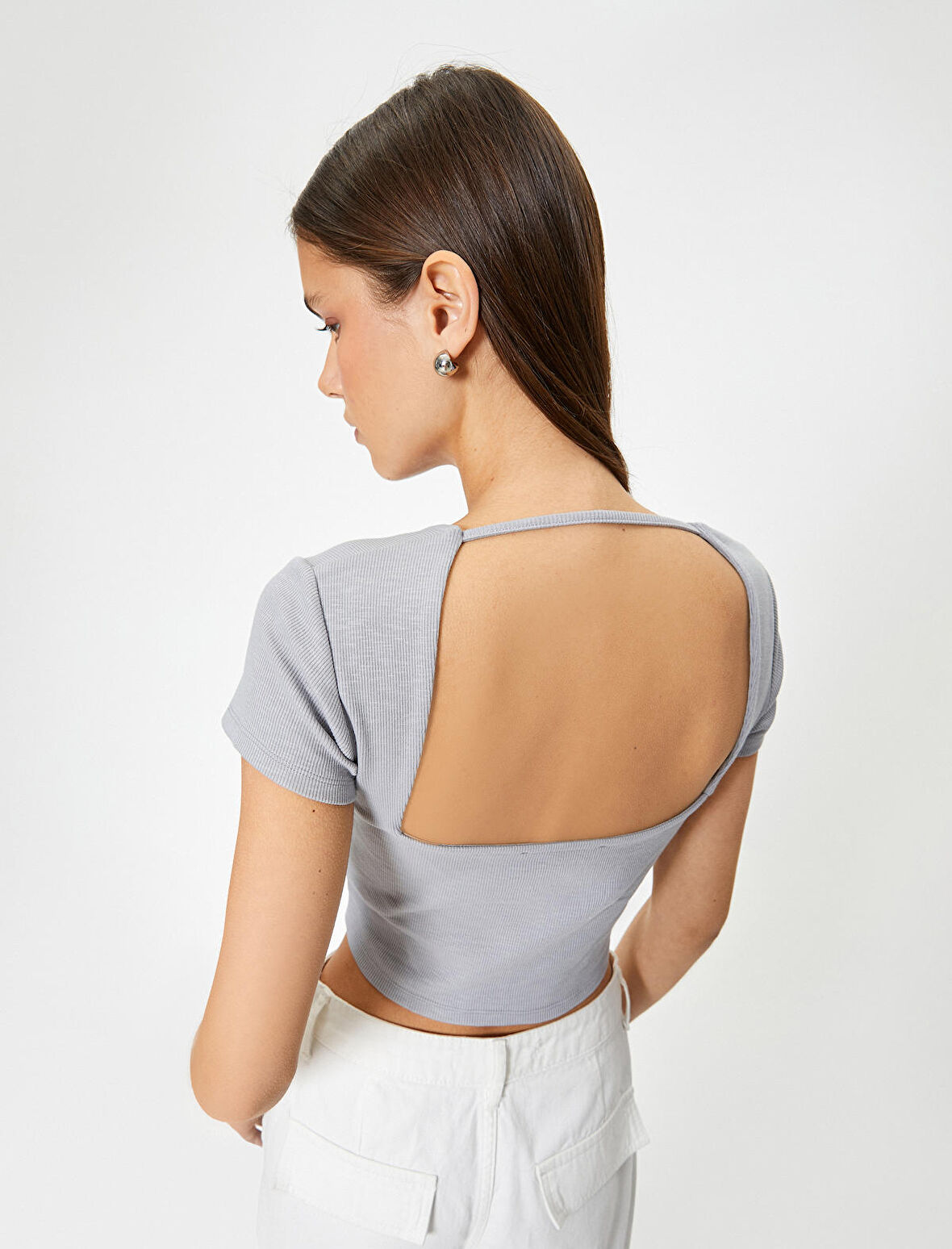 Sırt Dekolteli Tişört Crop Kısa Kollu Fitilli Slim Fit