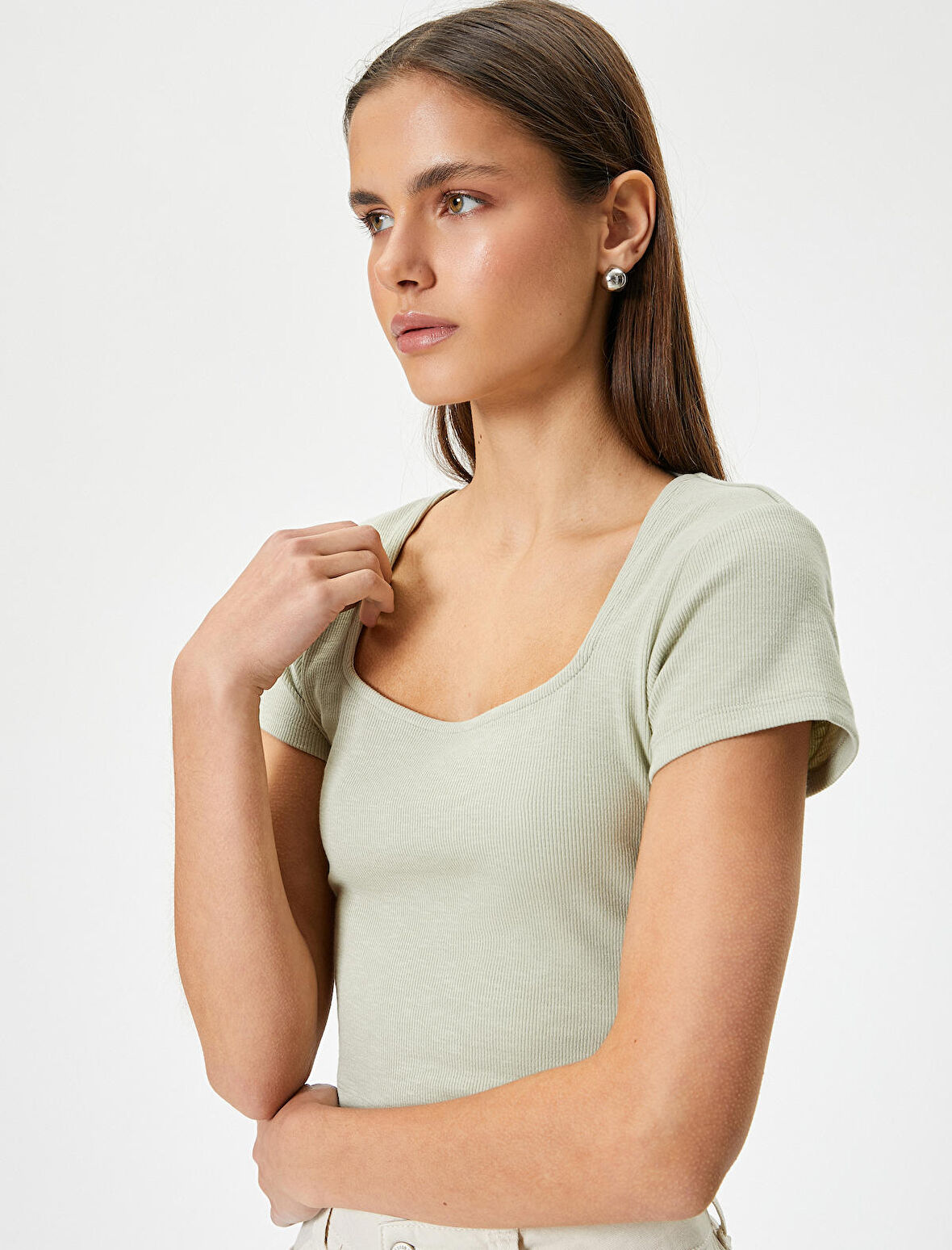 Sırt Dekolteli Tişört Crop Kısa Kollu Fitilli Slim Fit