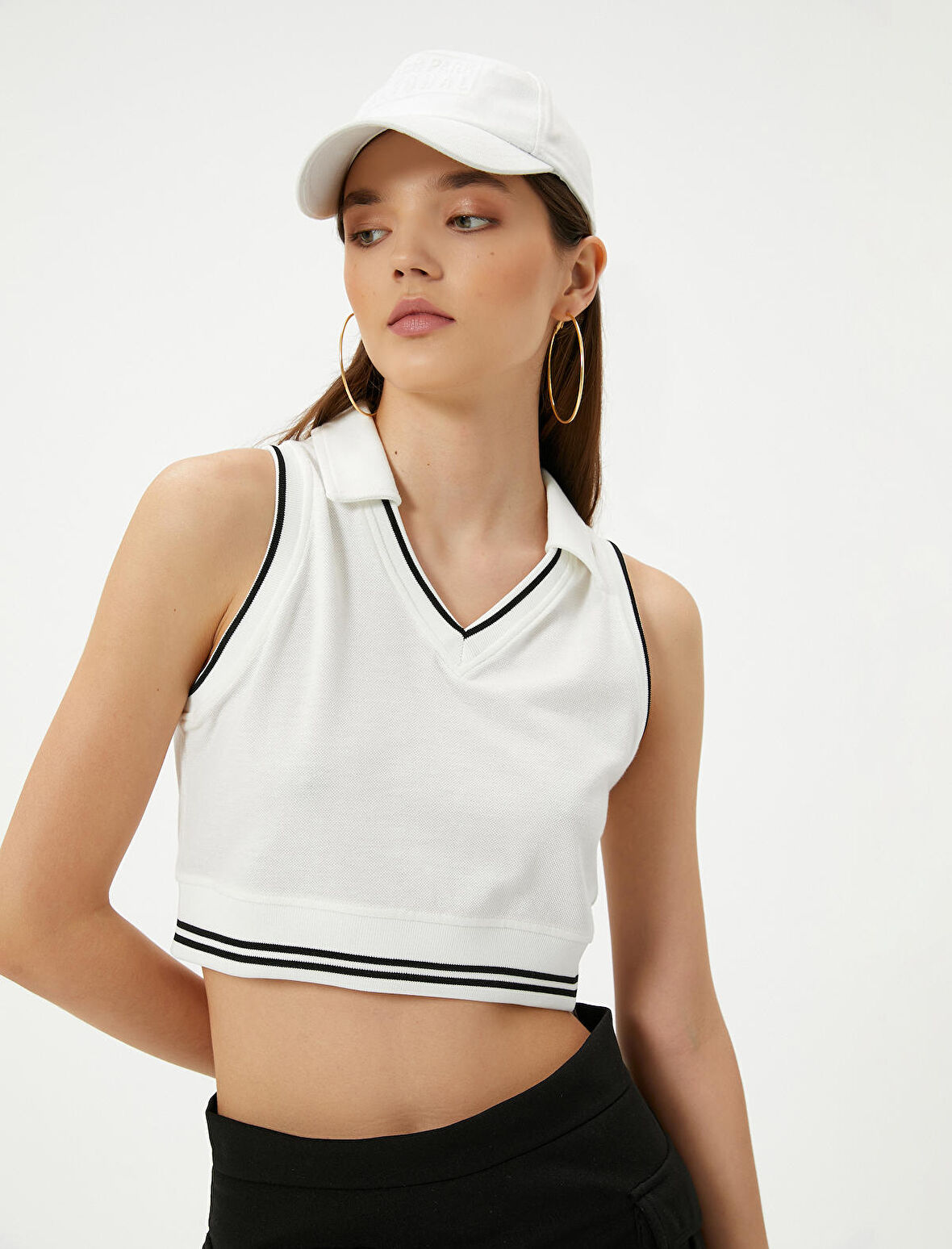 Polo Yaka Crop Üst Kolsuz Çizgili Pamuklu
