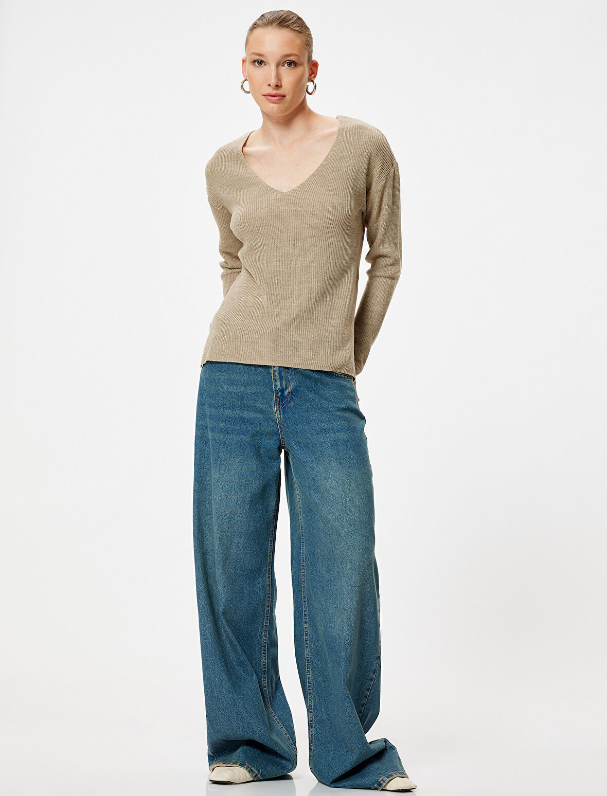 V Yaka Triko Kazak Kalça Boy Uzun Kollu Fitilli