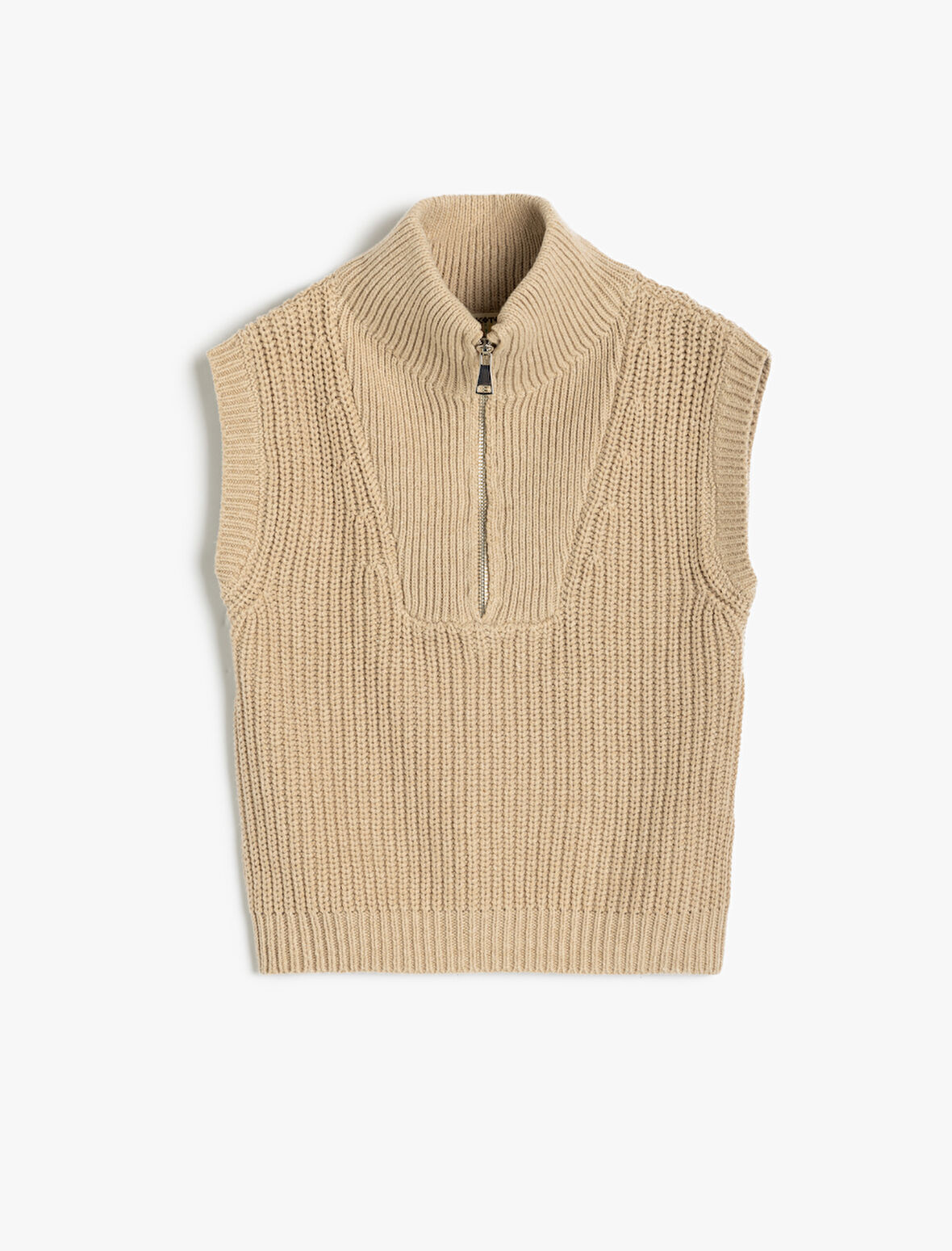 Örgü Süveter Yarım Fermuarlı Dik Yaka Ribanalı