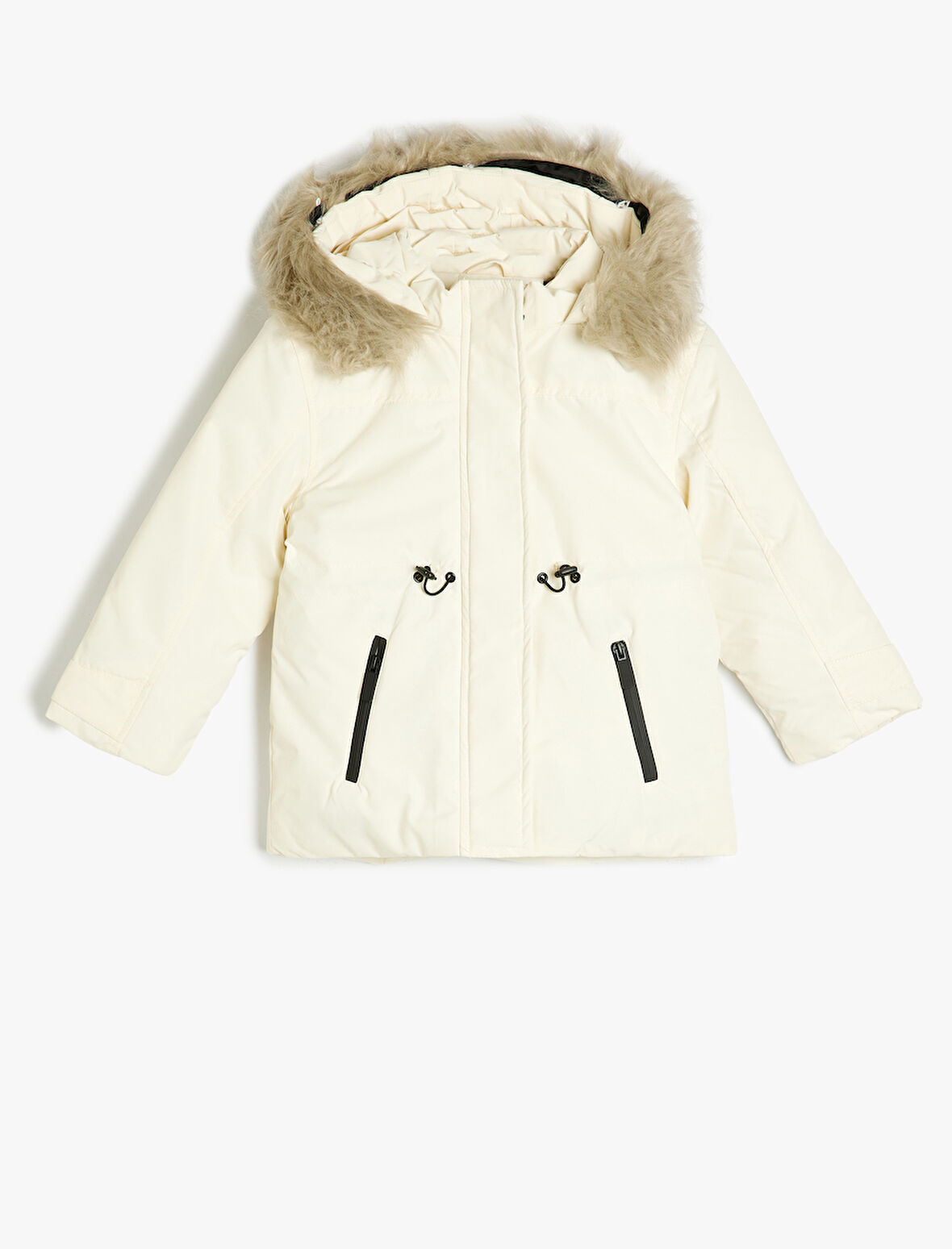 Suni Kürklü Cep Detaylı Uzun Kollu Kapitone Şişme Mont