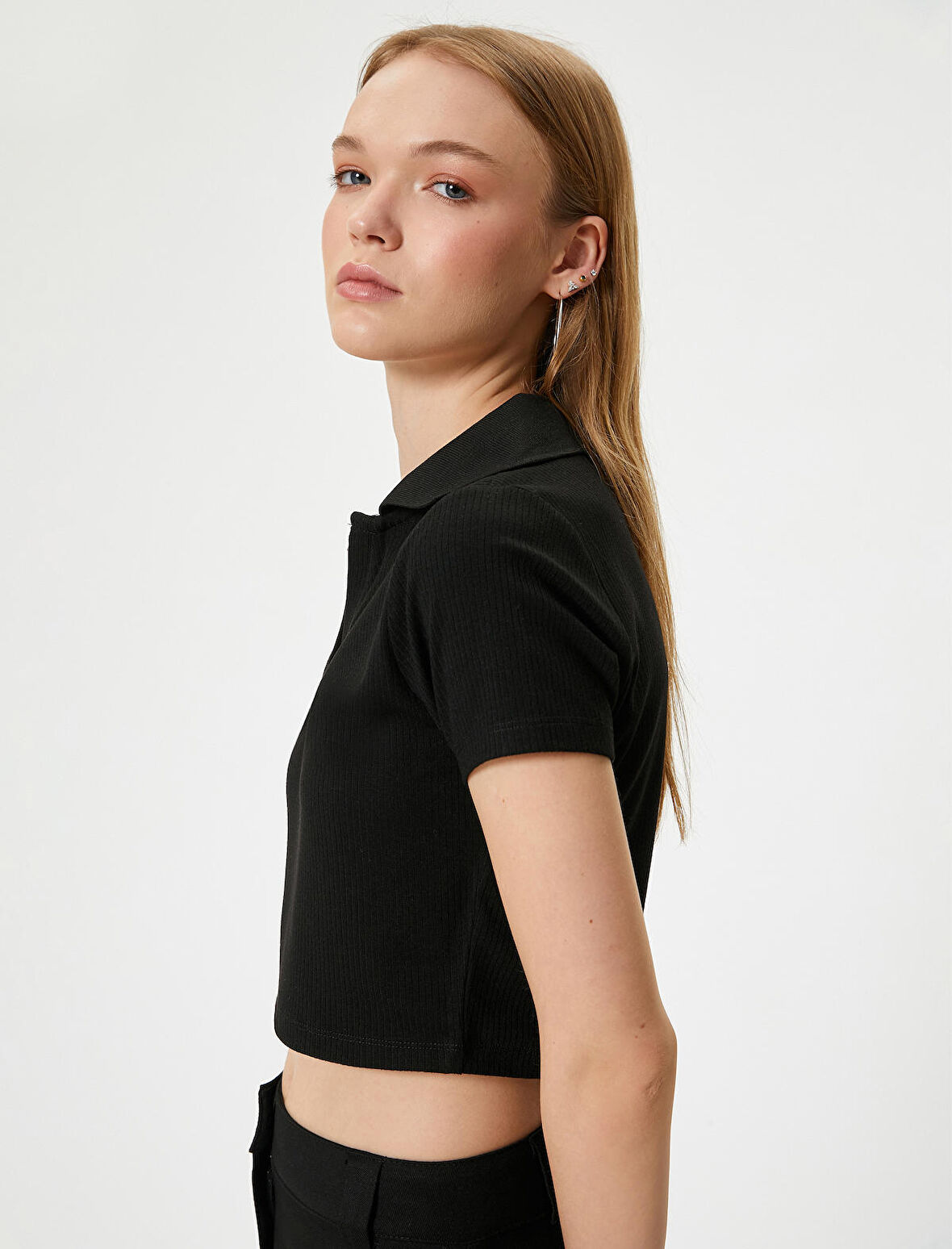 Crop Polo Yaka Tişört Kısa Kollu Slim Fit Kaşkorse Viskon