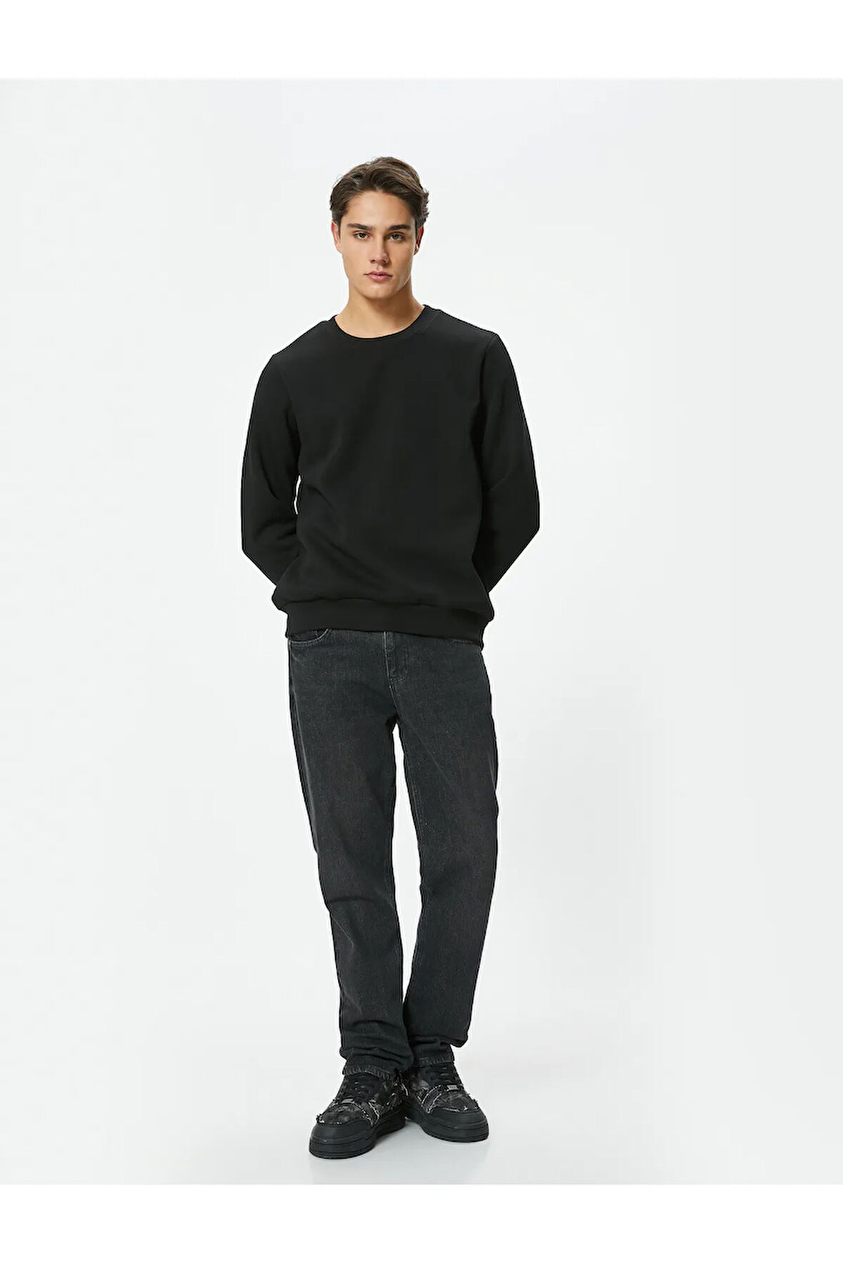Bisiklet Yaka Sweatshirt Basic Uzun Kollu Şardonlu