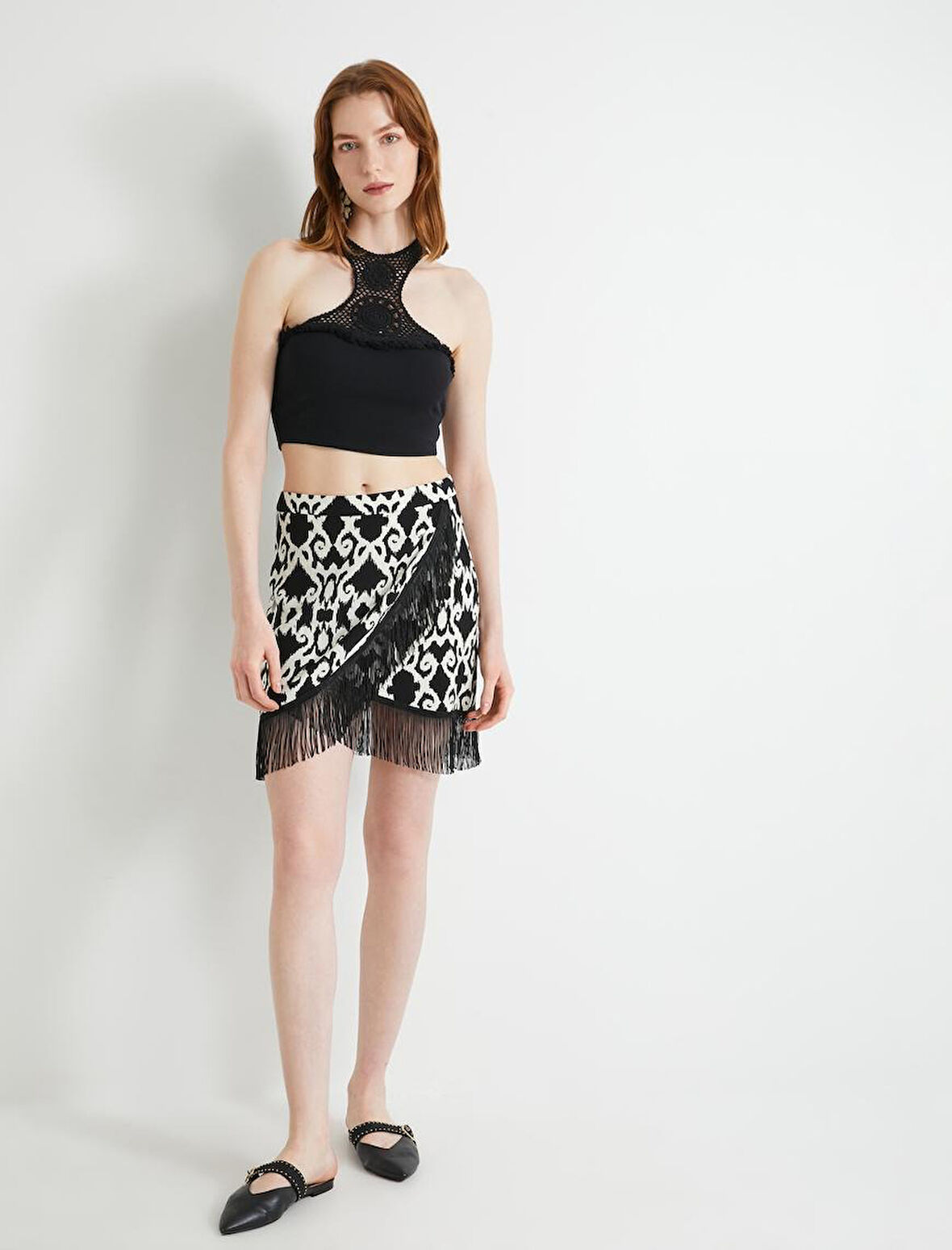 Mini Etek Normal Bel Püskül Detaylı Viskon