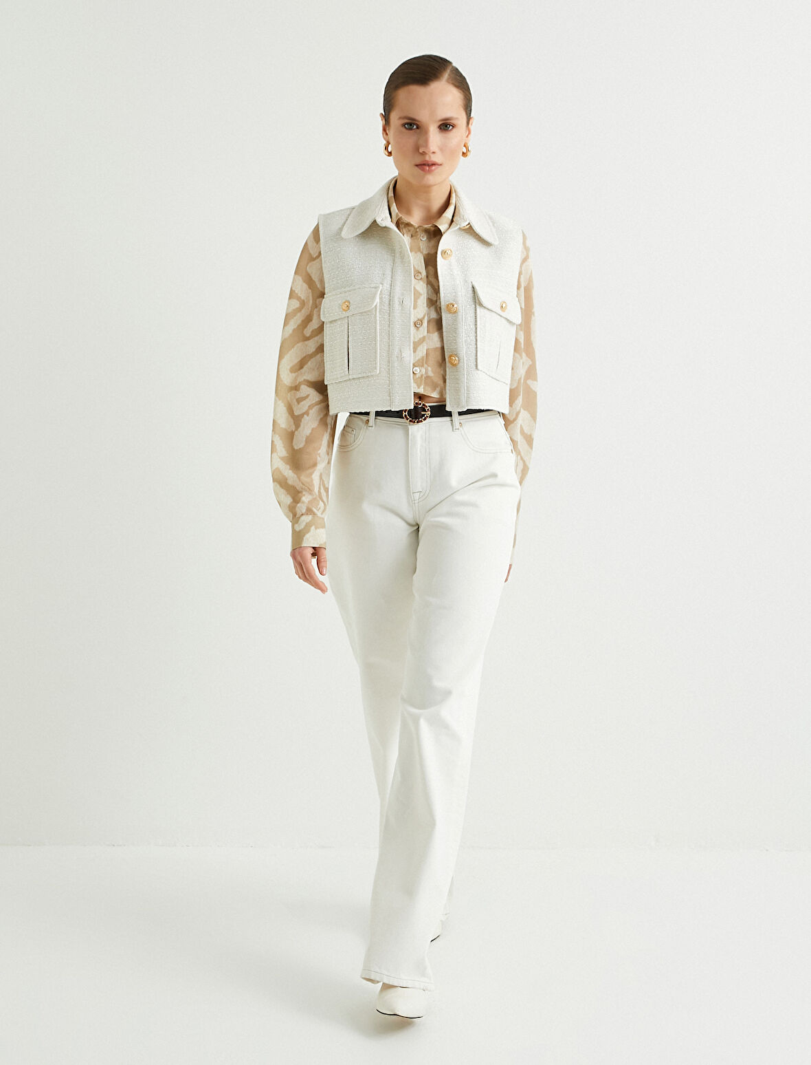 Crop Tüvit Yelek Cep Detaylı Gold Düğmeli