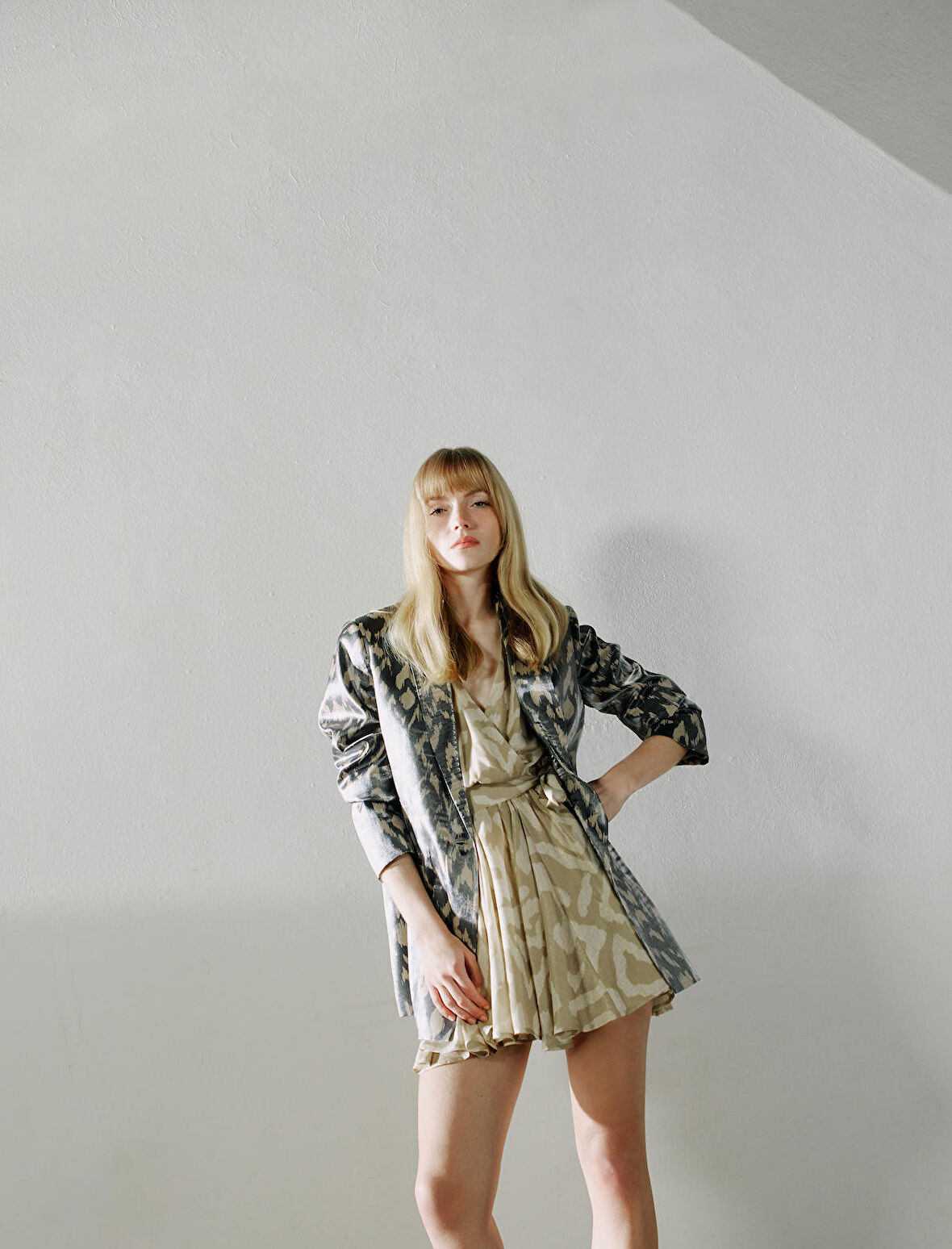 Blazer Ceket Desenli Parlak Dokulu Fleto Cepli