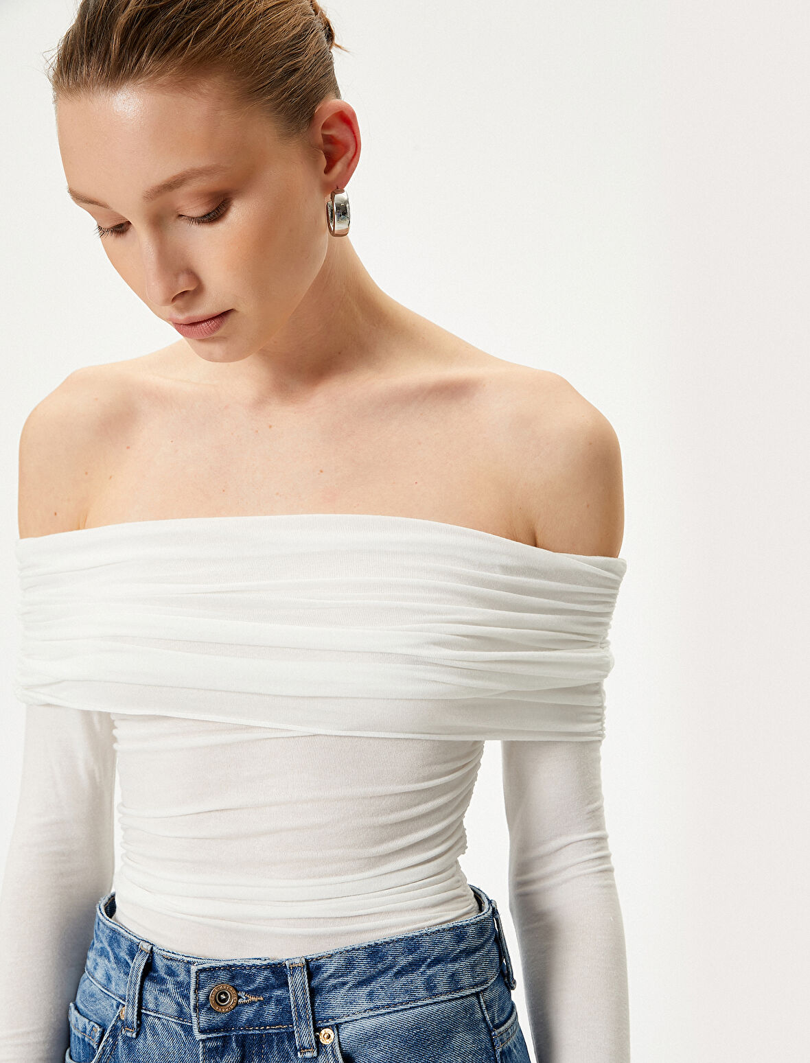 Madonna Yaka Bluz Drapeli Uzun Kollu