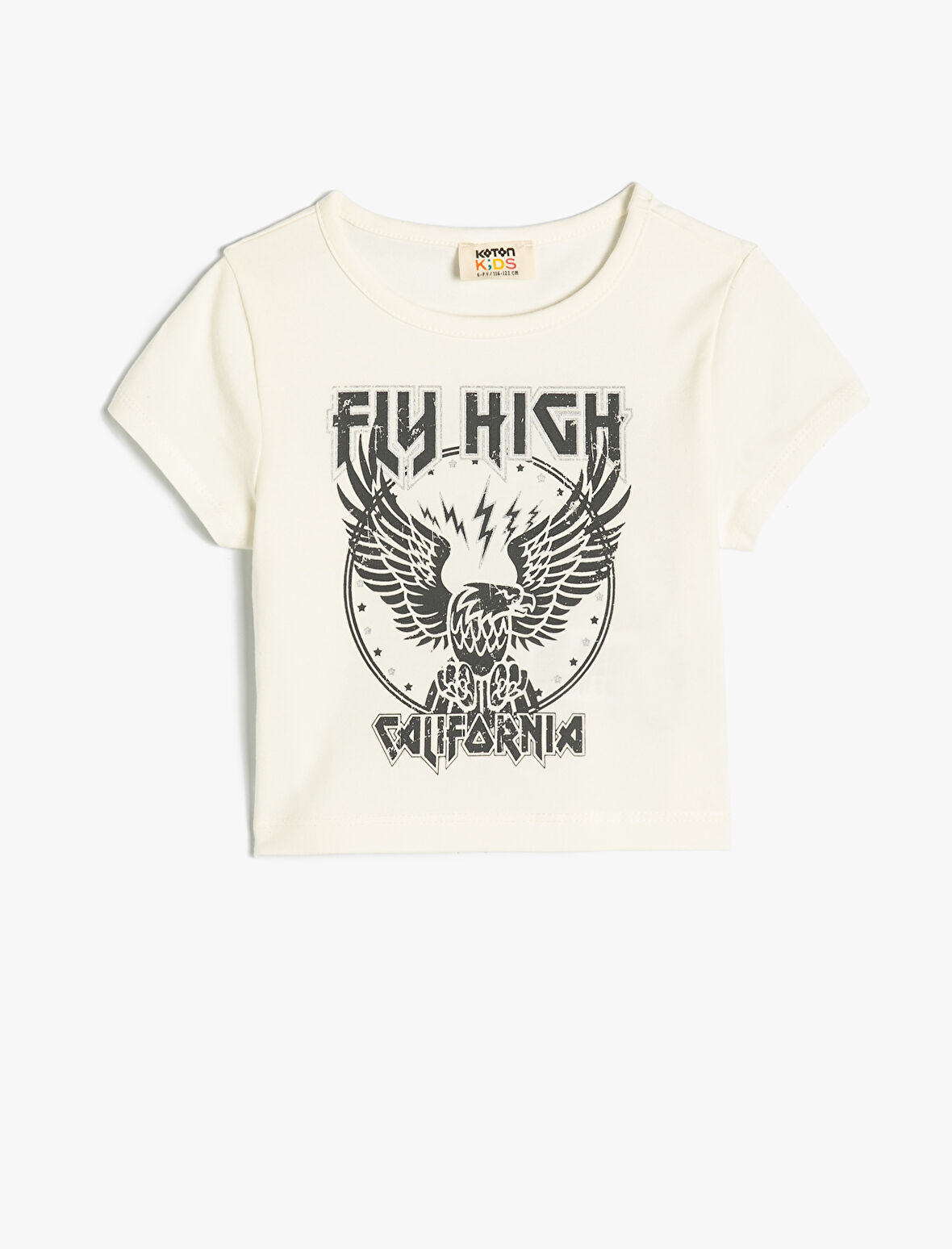 Crop Tişört Kısa Kollu Bisiklet Yaka Baskılı Pamuklu