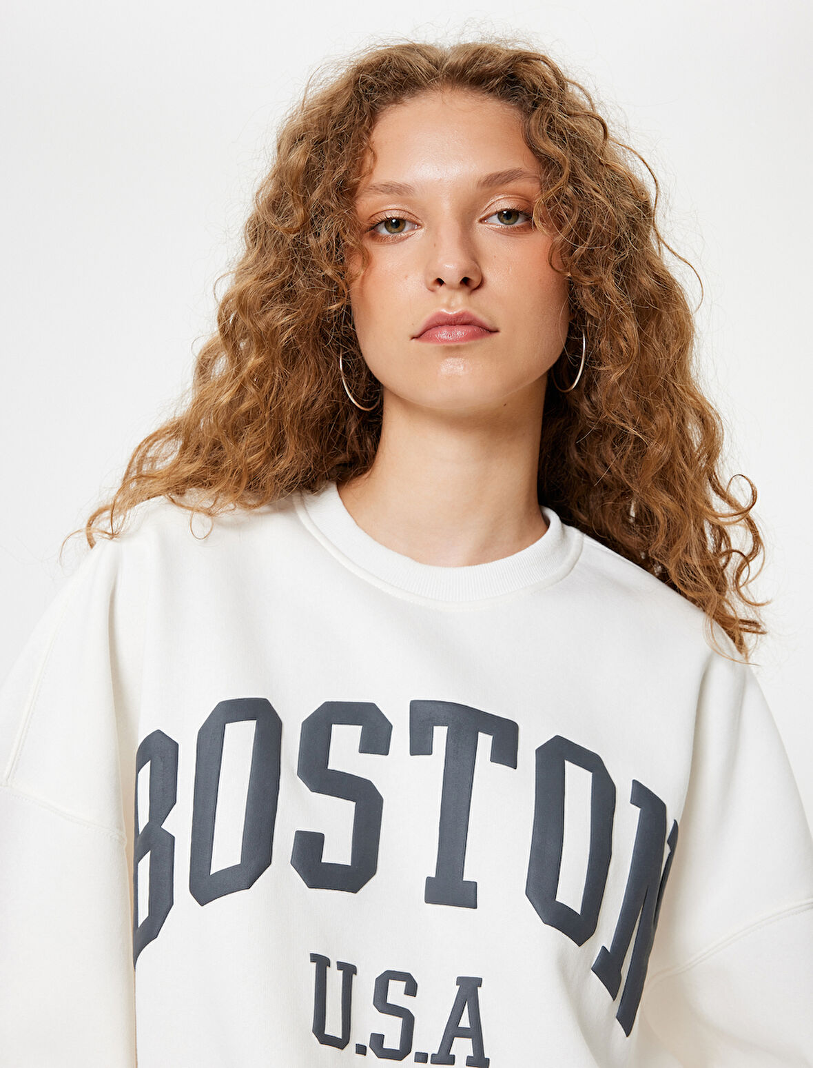 Oversize Sweatshirt Bisiklet Yaka Kolej Baskılı Uzun Kollu Şardonlu