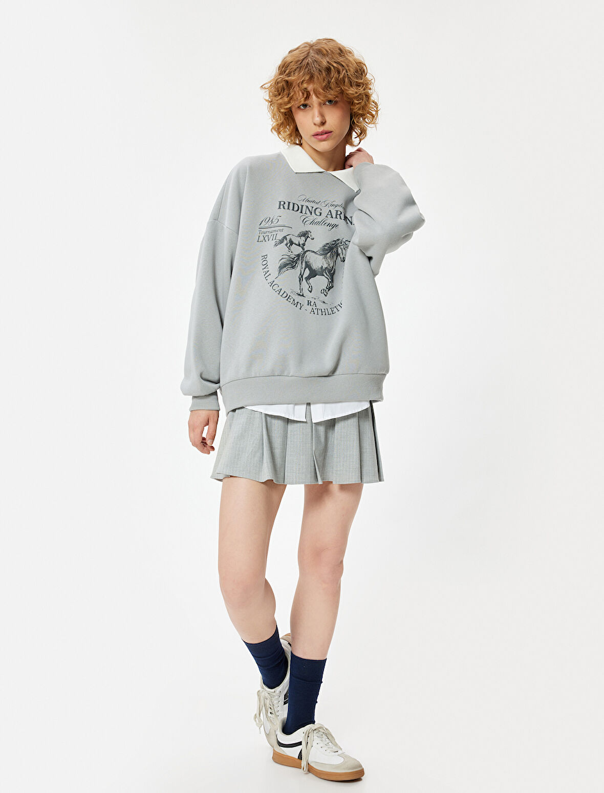 Polo Yaka Sweatshirt Oversize Kolej Baskılı Uzun Kollu