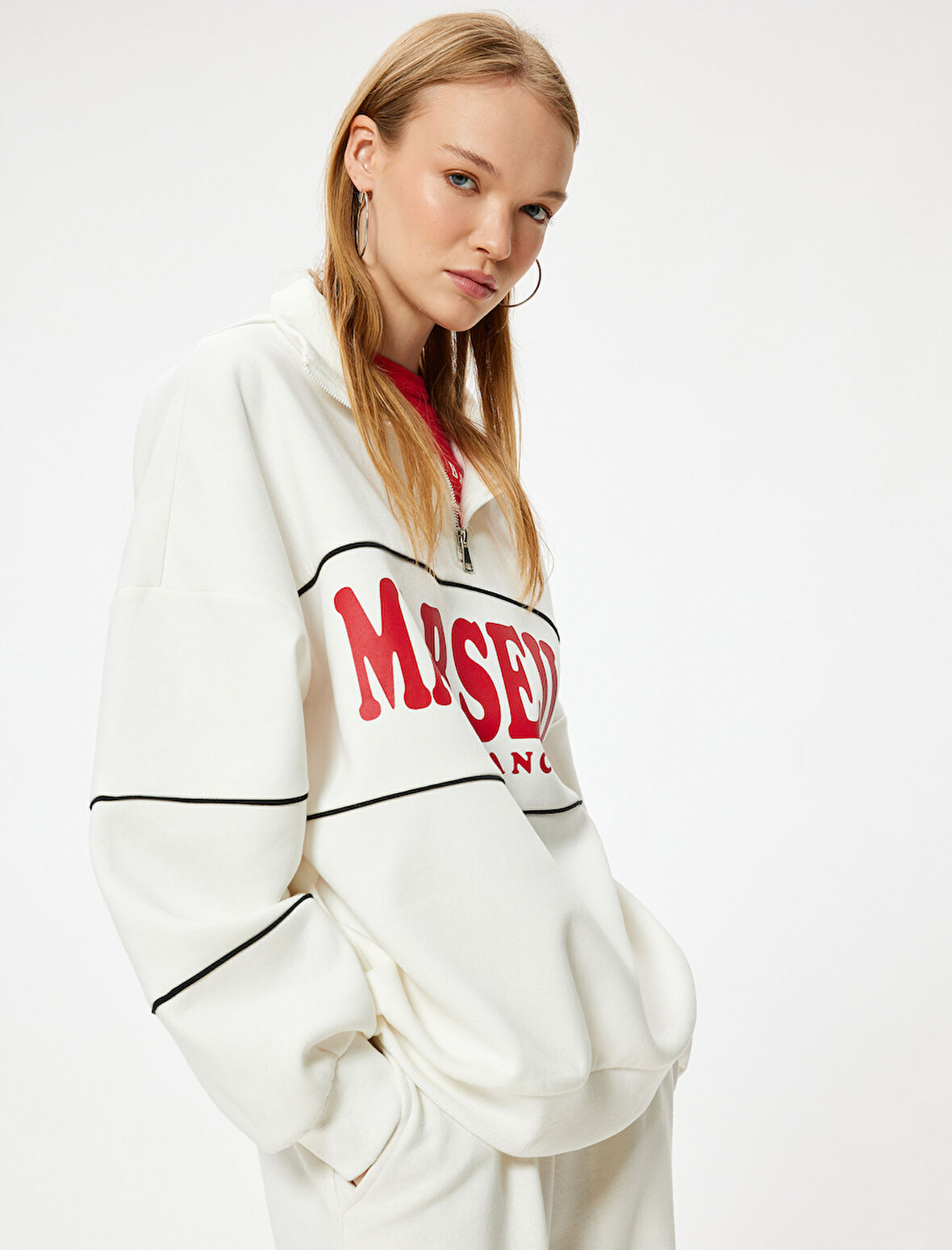 Oversize Sweatshirt Yarım Fermuarlı Kolej Baskılı Şardonlu