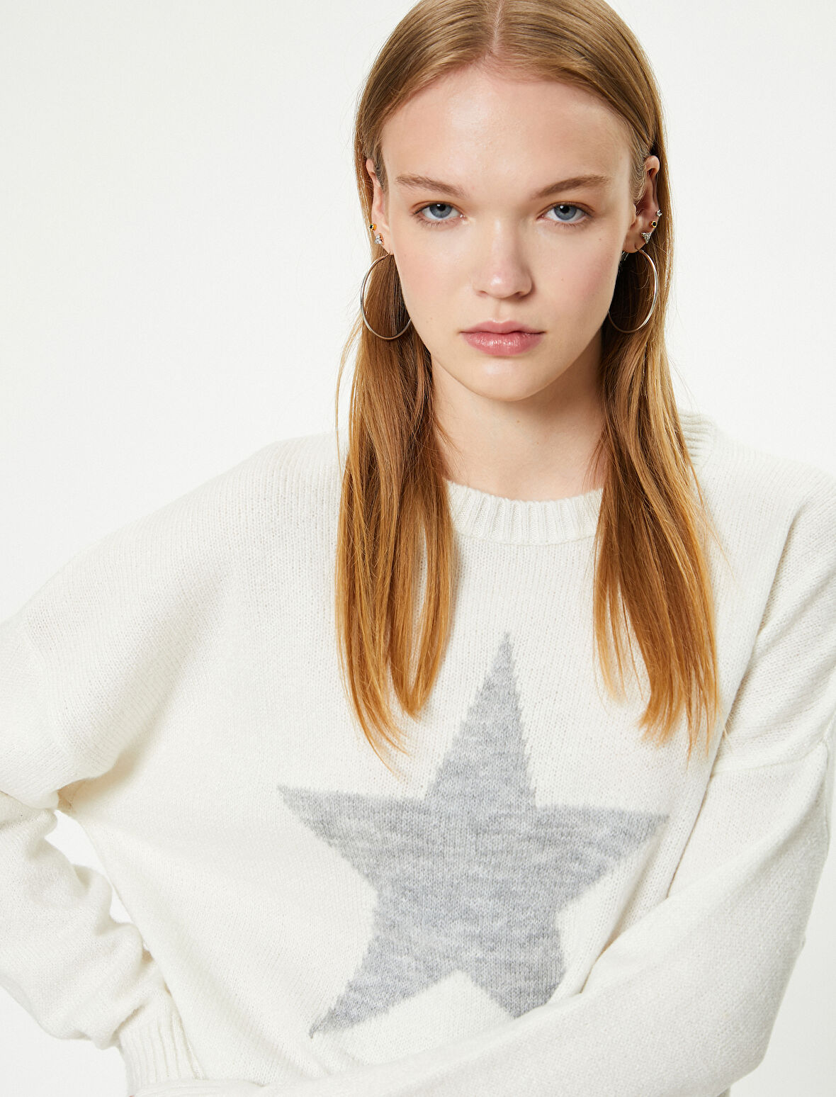 Yıldız Desenli Kazak Uzun Kollu Bisiklet Yaka Yumuşak Dokulu