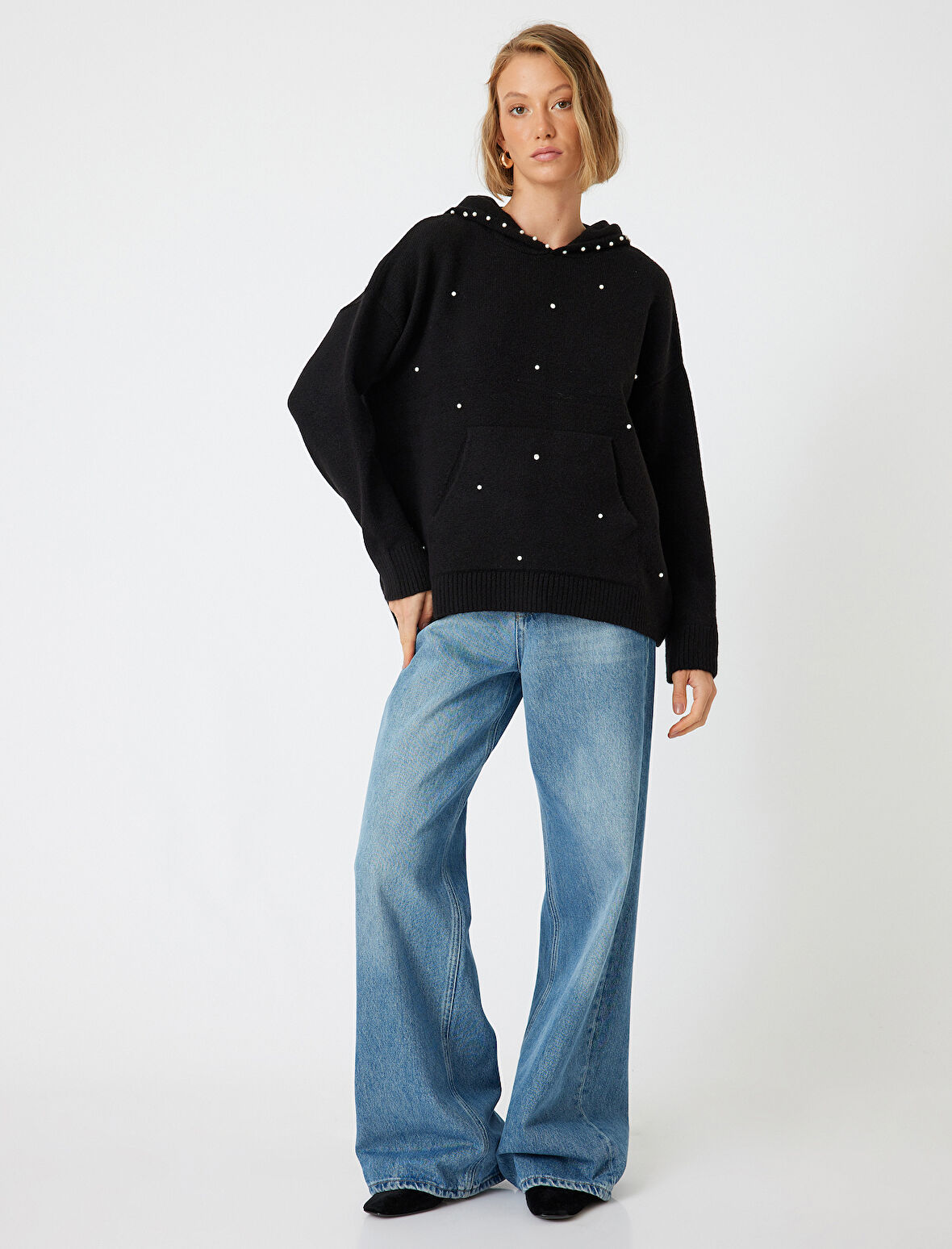 Kapüşonlu Oversize Triko Kazak Taşlı Uzun Kollu