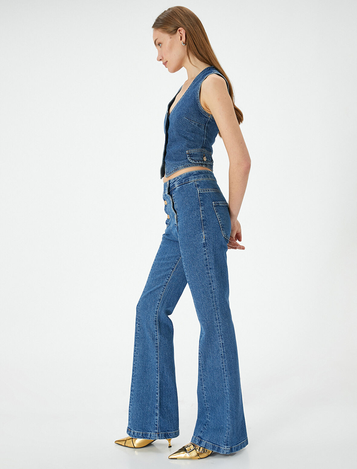İspanyol Paça Kot Pantolon Önden Çift Düğme Detaylı Cepli - Flare Jeans